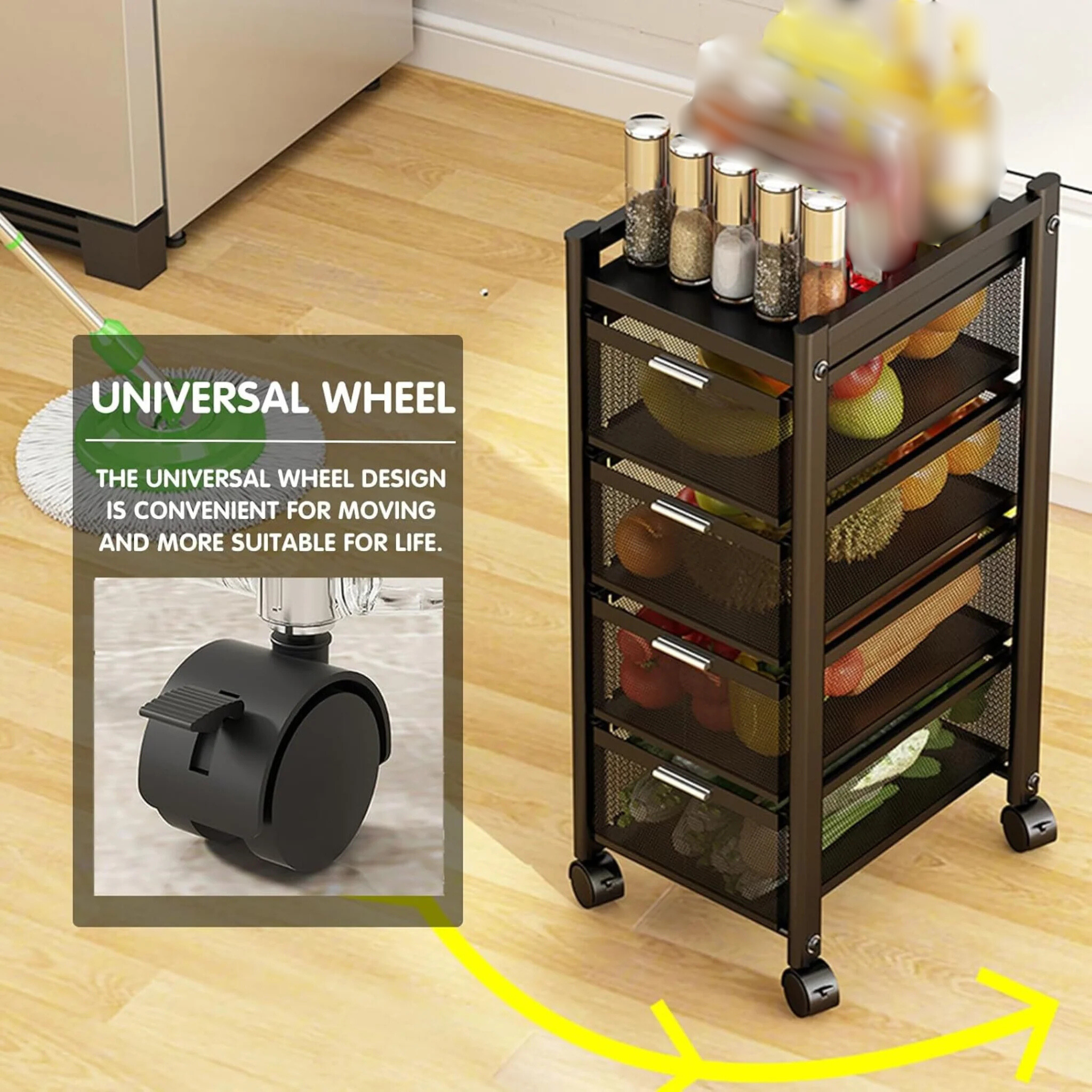 Multi-Layer Drawer Kitchen Trolley Rack, Movable Storage Cart, Pull-Out Organizer with Wheel