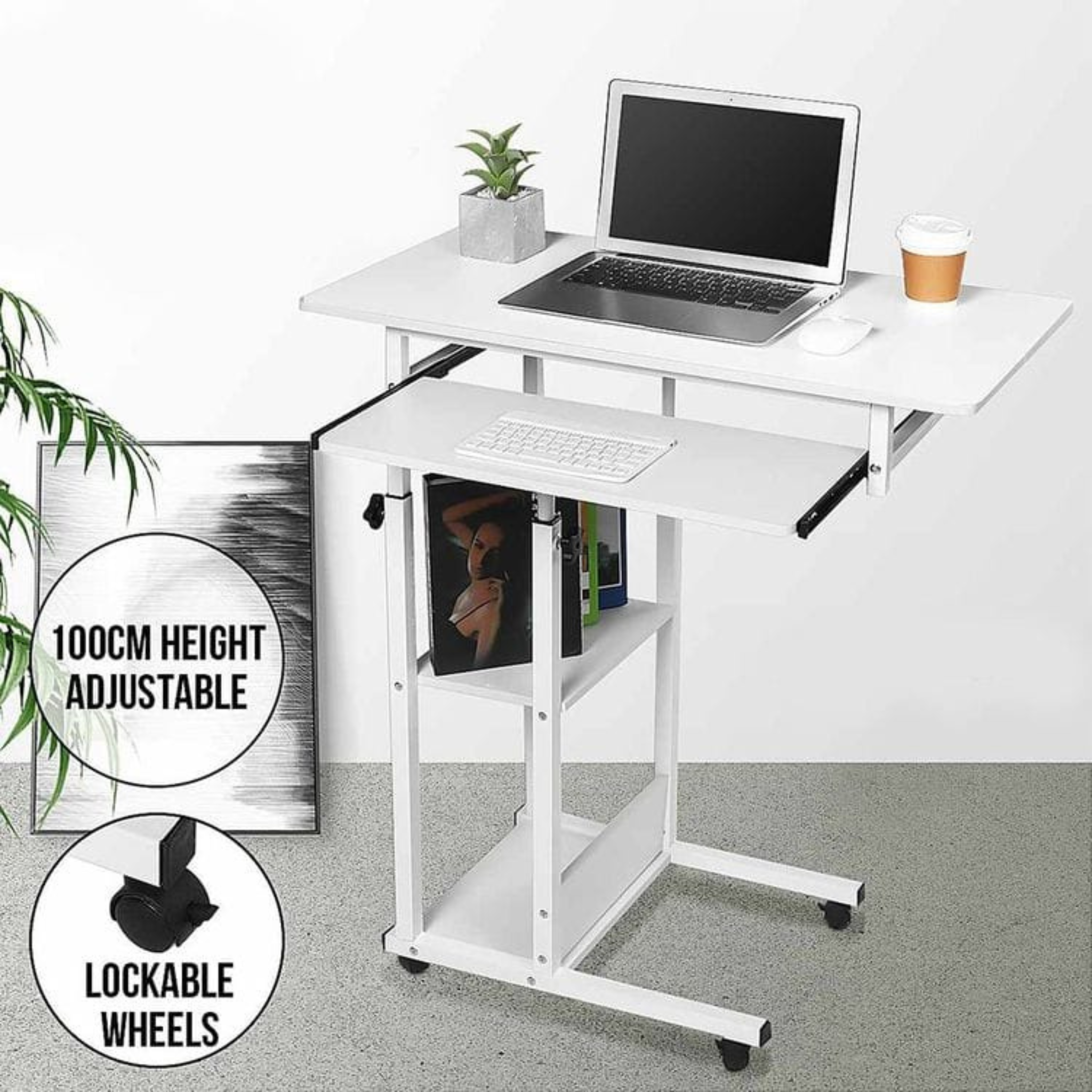 Bedside Laptop Table with Keyboard Tray, Storage Shelf and Wheels