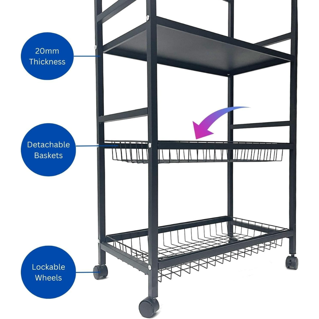 4 Tier Metal Storage Rack on Wheels, Trolley Cart Shelf for Kitchen Vegetables, Fruits and Oven Organization