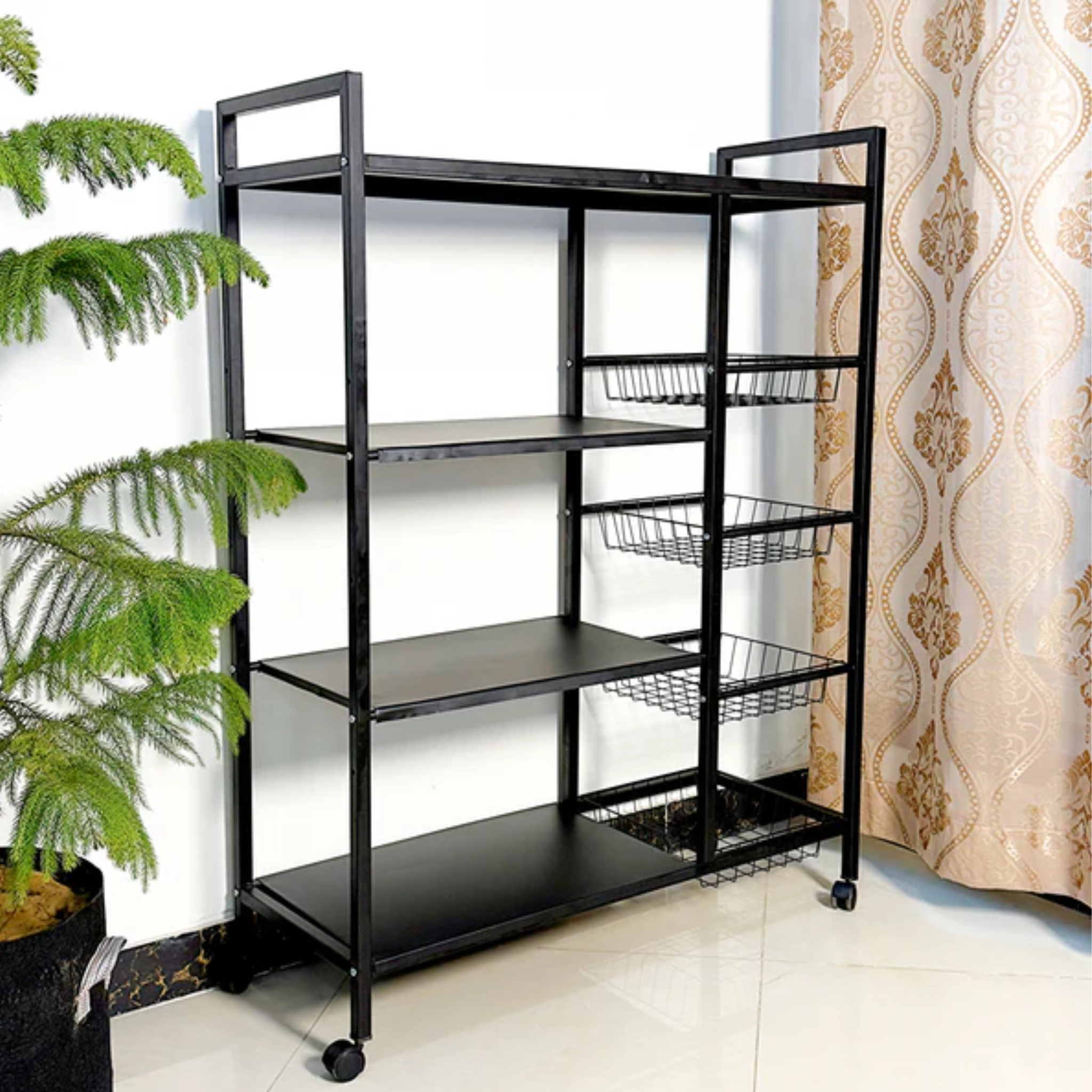 Utility Storage Rack for Kitchen with Mesh Baskets and Wheels