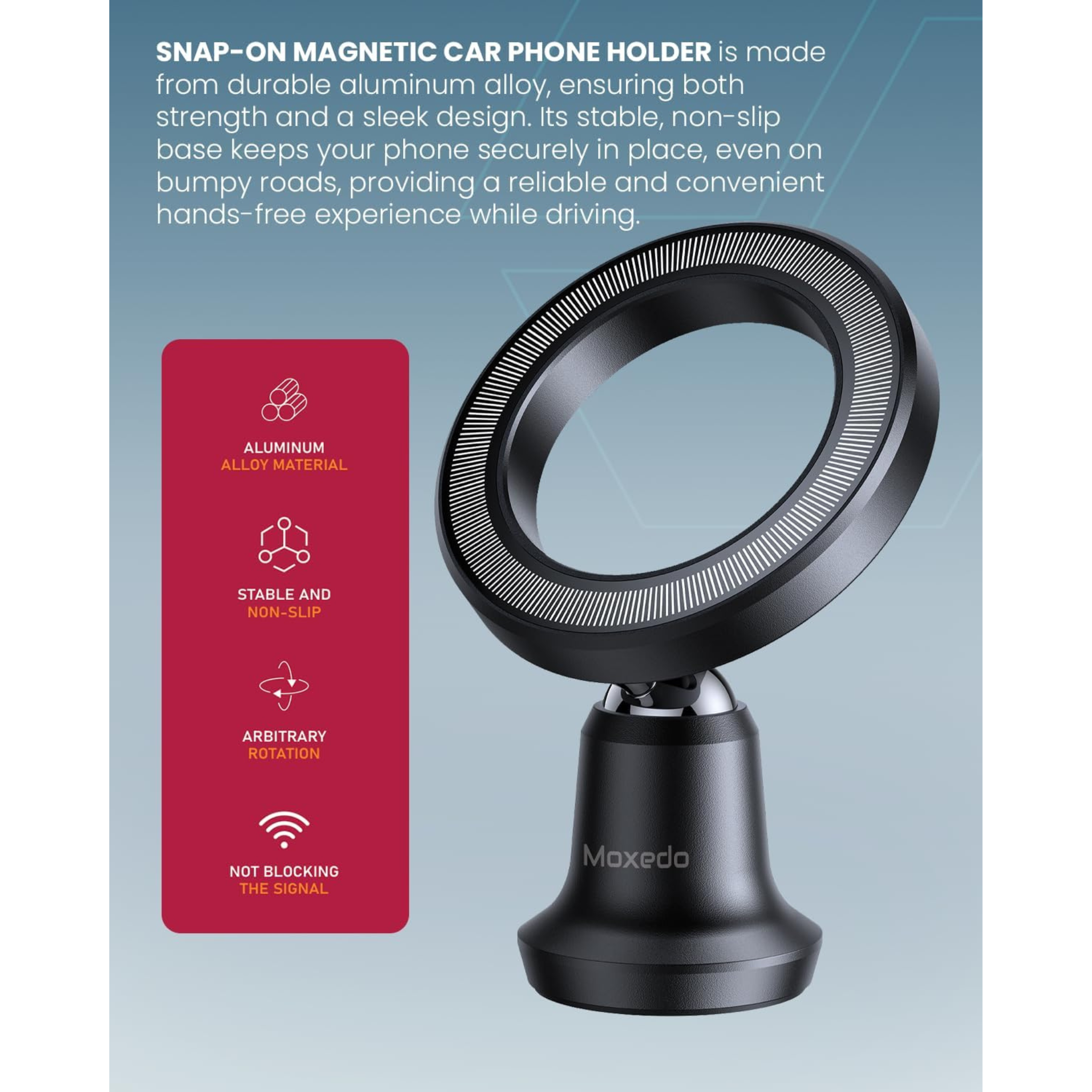 Moxedo Magnetic Car Phone Holder for Dashboard | 360° Rotating Snap-On Mount with Strong Magnets