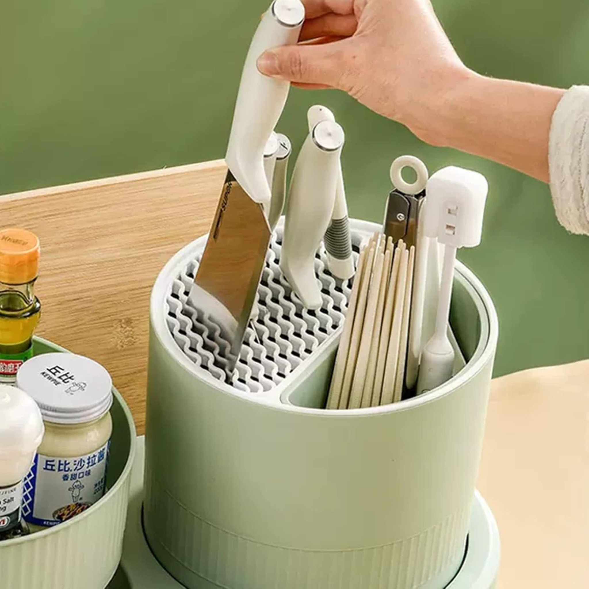Kitchen Space Saving Rotating Spices Rack with Chopsticks & Knife Holder