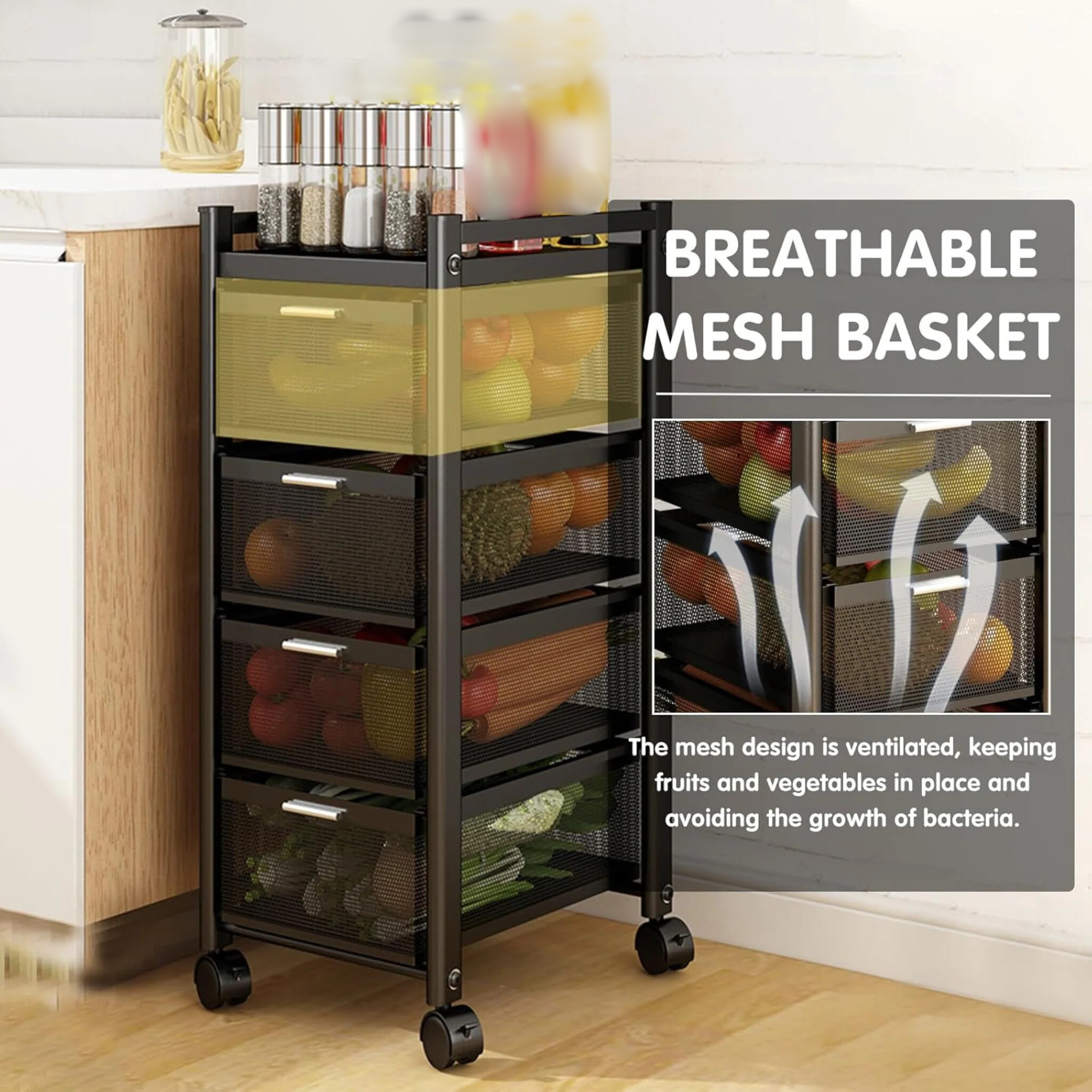 Multi-Layer Drawer Kitchen Trolley Rack, Movable Storage Cart, Pull-Out Organizer with Wheel