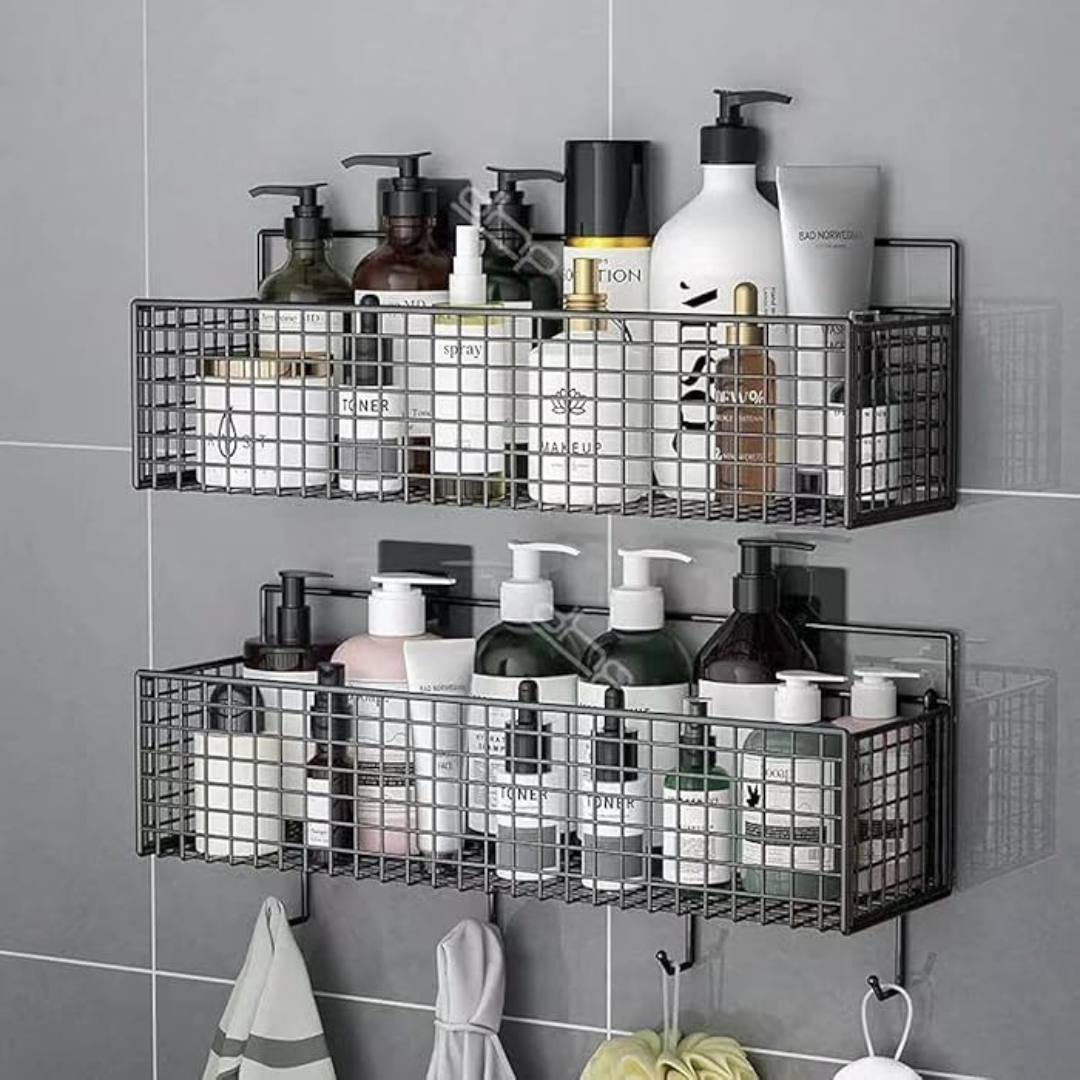 Wall Mounted No Drilling Metal Organizer Basket Shelf for Bathroom
