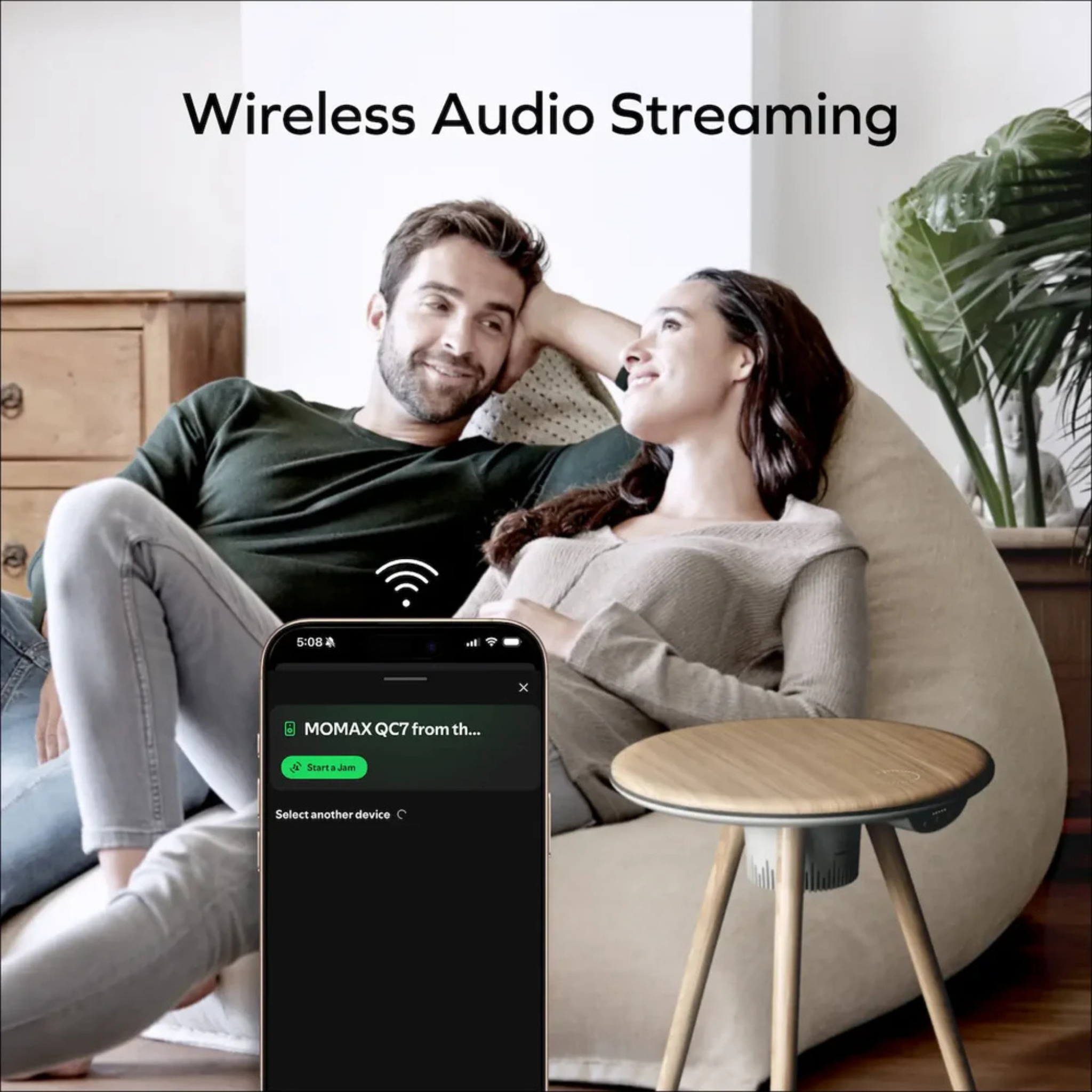 Momax Cymbal Foldable Smart Table With Wireless Charging, Speakers, USB-C Ports, and LED Lighting Effects