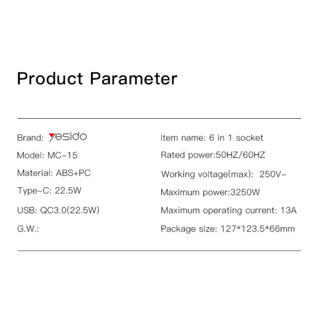 Smart Power Socket Hub with USB PD QC Fast Charging - Yesido MC15