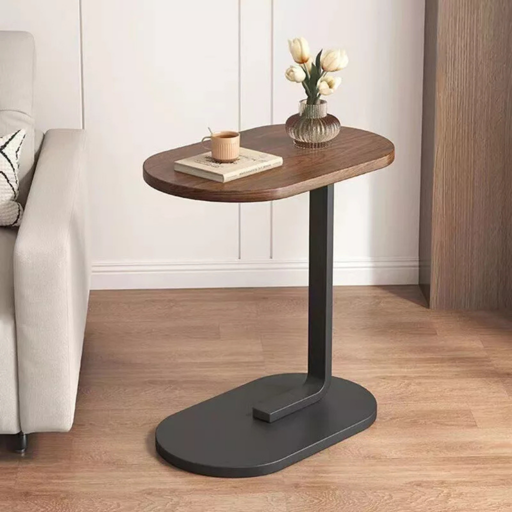 C Shaped Wooden Coffee Side Table for Living Room