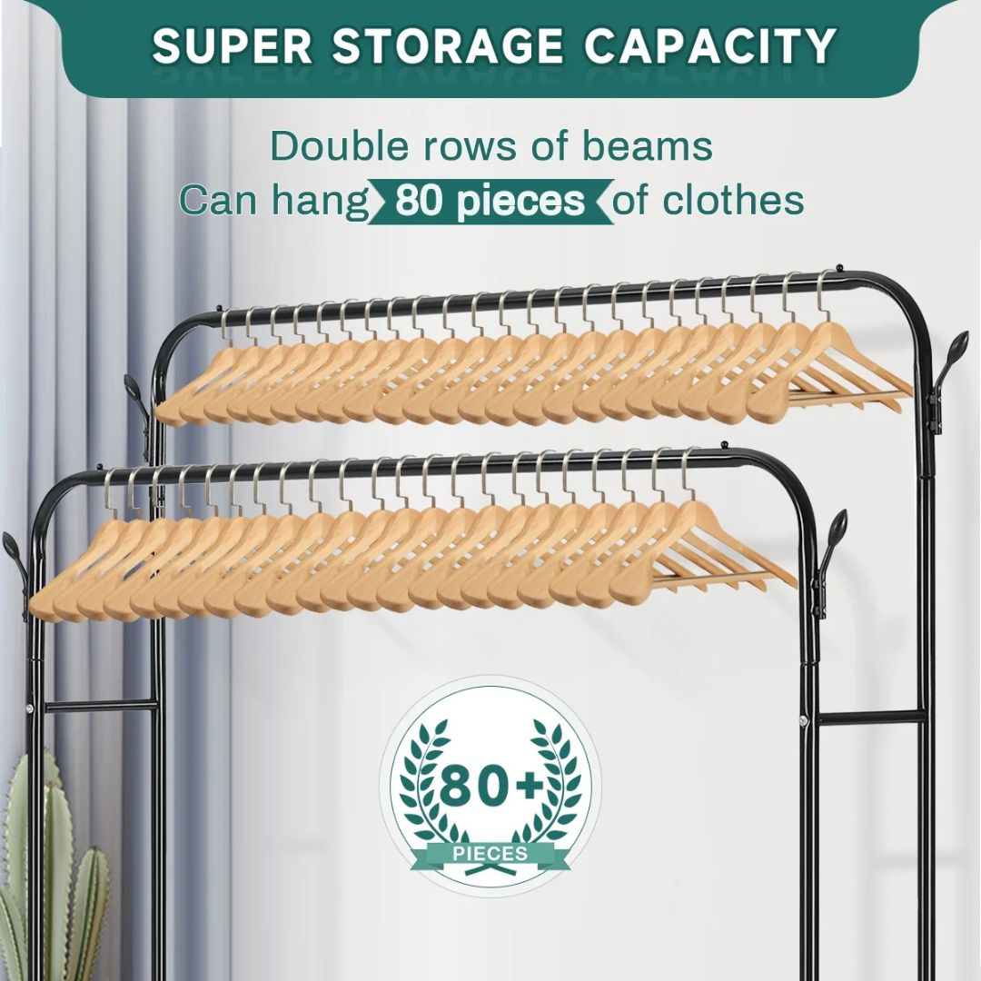 Garment Rack with Wheels - 35Kg Load Capacity Double Rode Hanging Clothes Drying Stand
