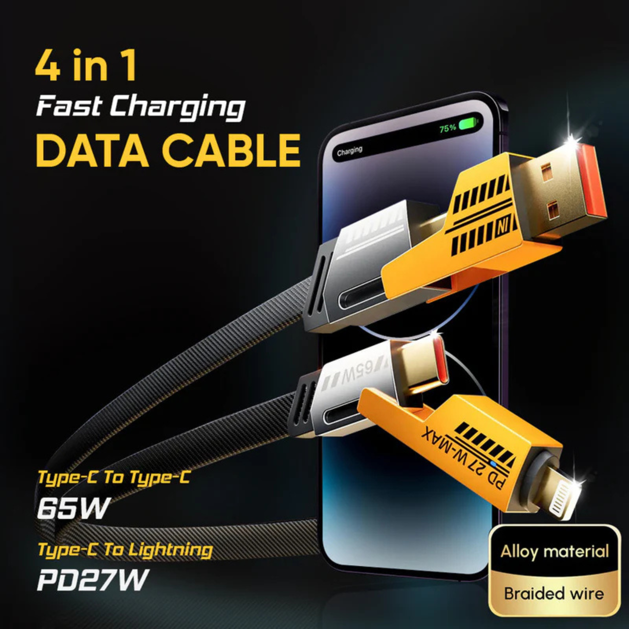 65W 4 IN 1 Braided Fast Charging Cable, USB A, USB C, Lightning Ports