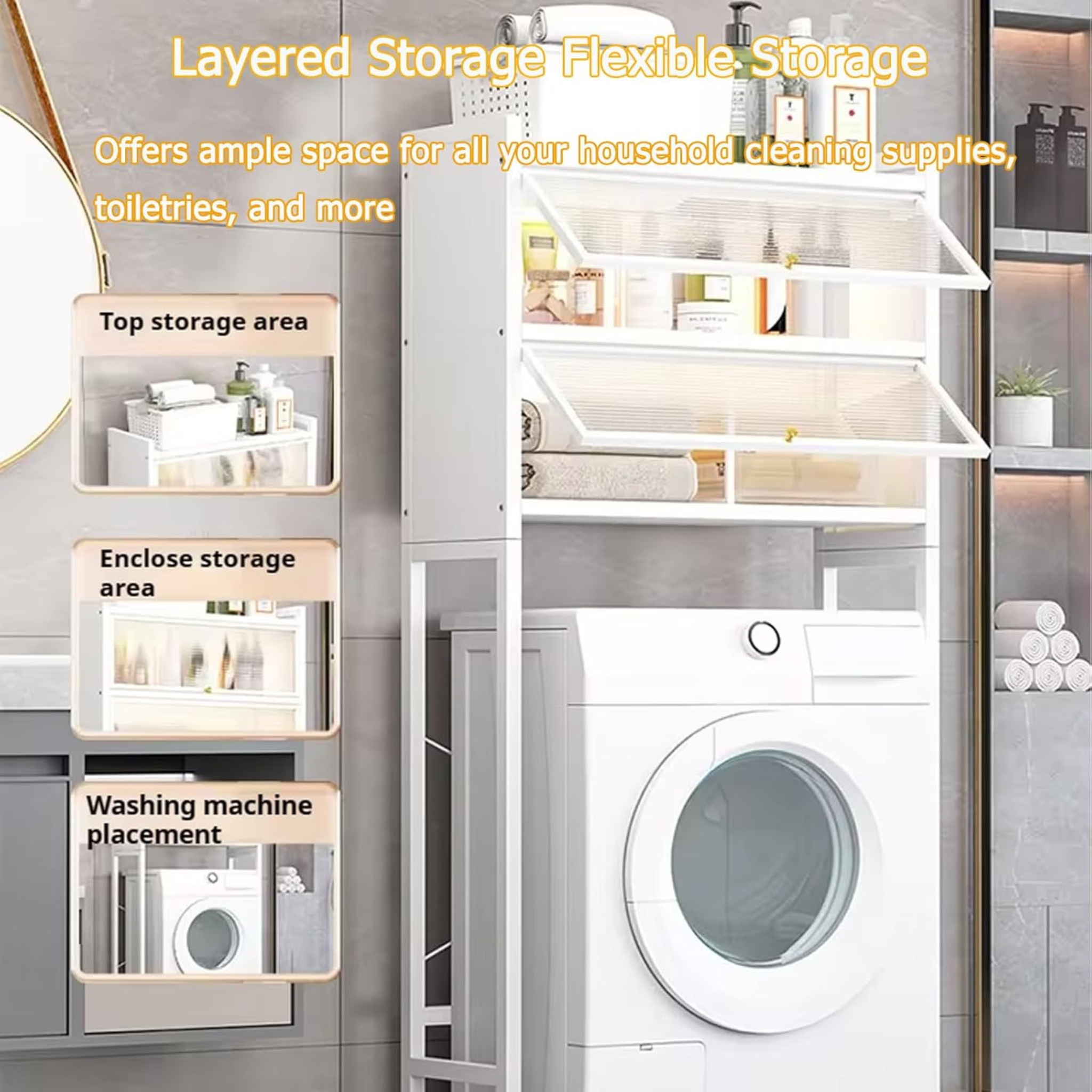 Washing Machine Organizer Rack with Storage Shelf, Laundry Room Storage Cabinet
