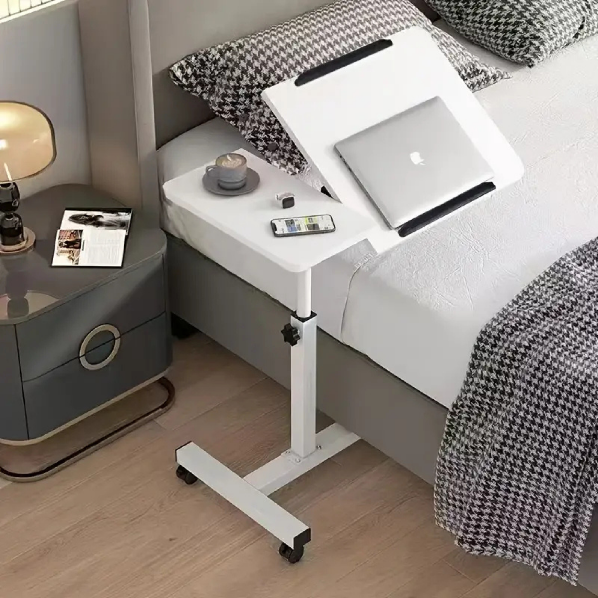 Adjustable Bedside Laptop Table with Wheels, Tilting Desk for Laptop with Work Space