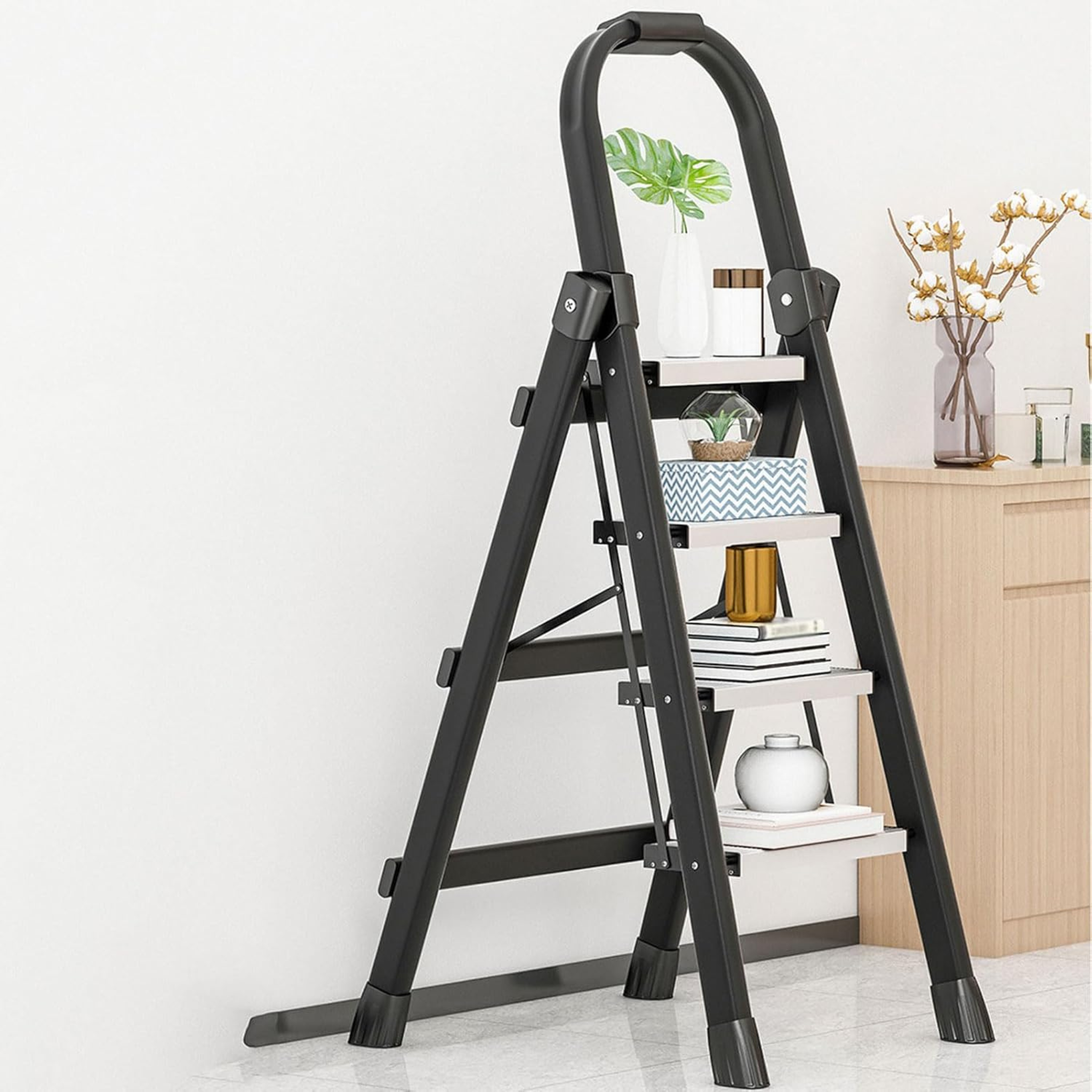 Portable Folding Household Step Ladder with Wide Anti-slip Pedal and Handle Bar