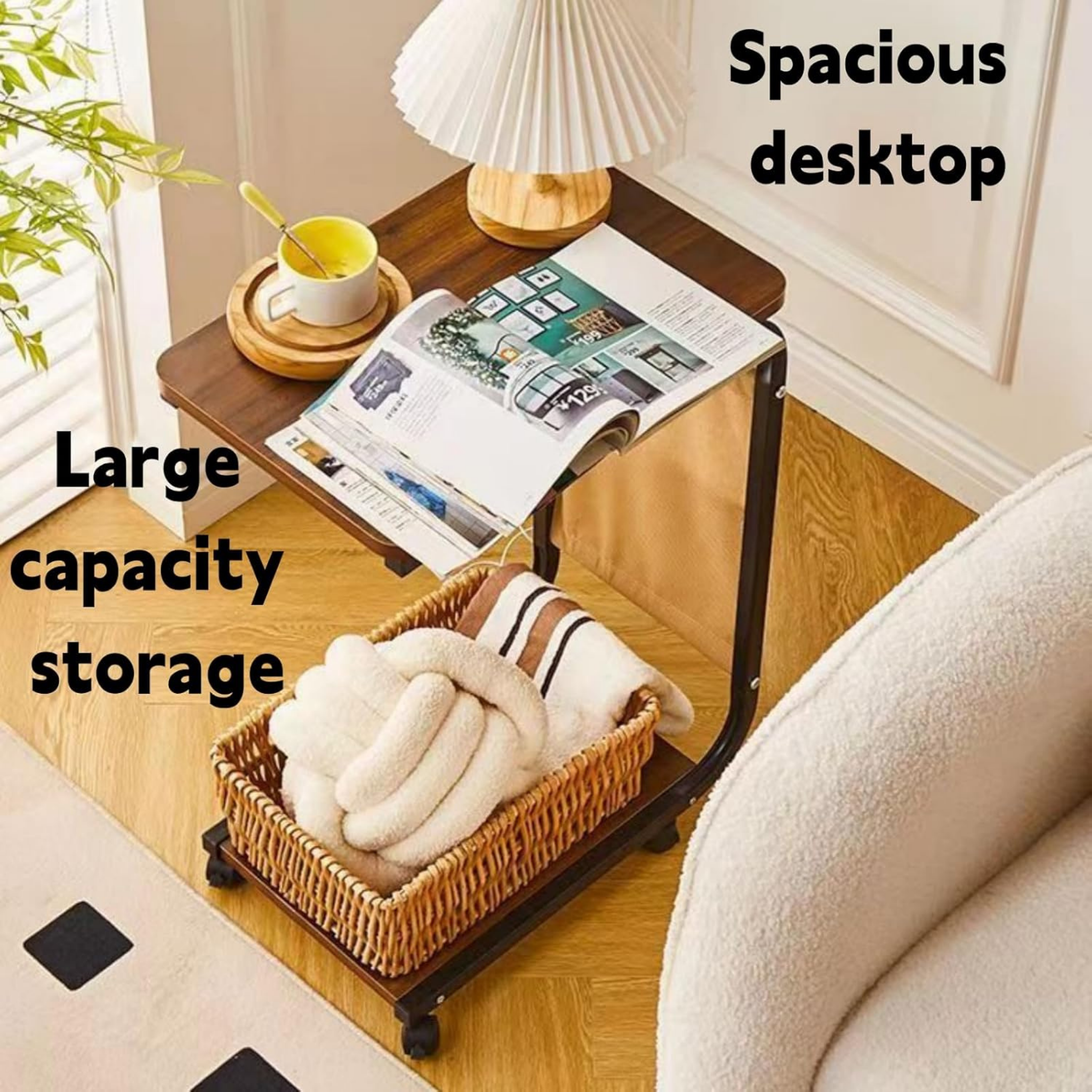 C Shaped Bedside Coffee Table with Side Pocket & Wheels