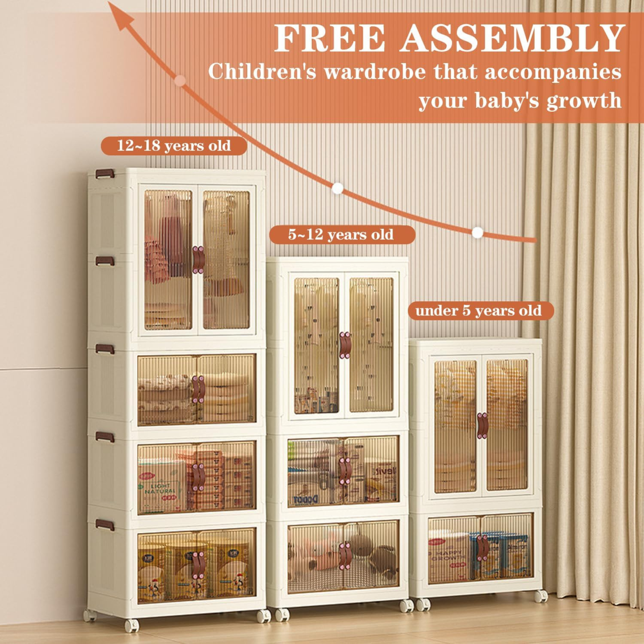Portable Stackable Wardrobe with Wheels for Kids, Folding Cabinet for Baby Clothes and Toys