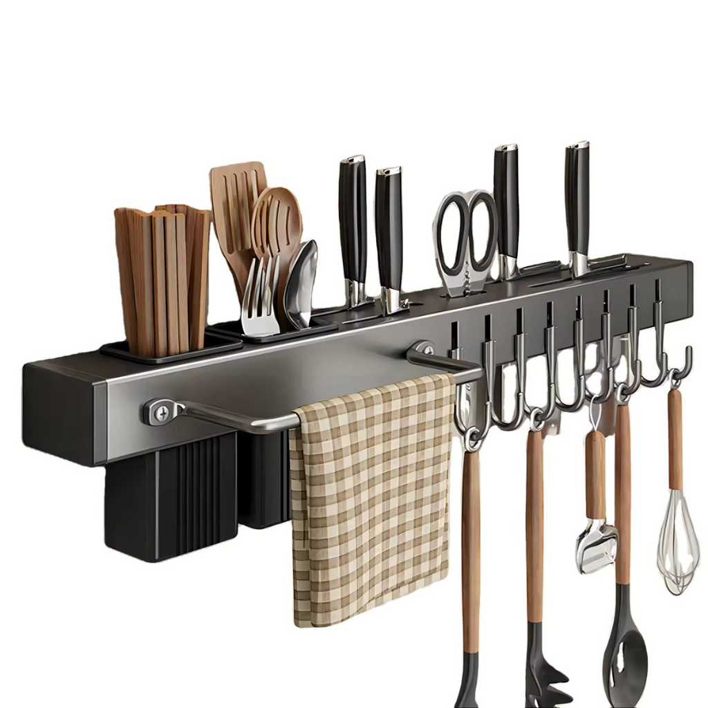 Metal Knife Chopsticks Storage Holder, Spoon Fork Spatula Organizer with Hooks And Towel Rack