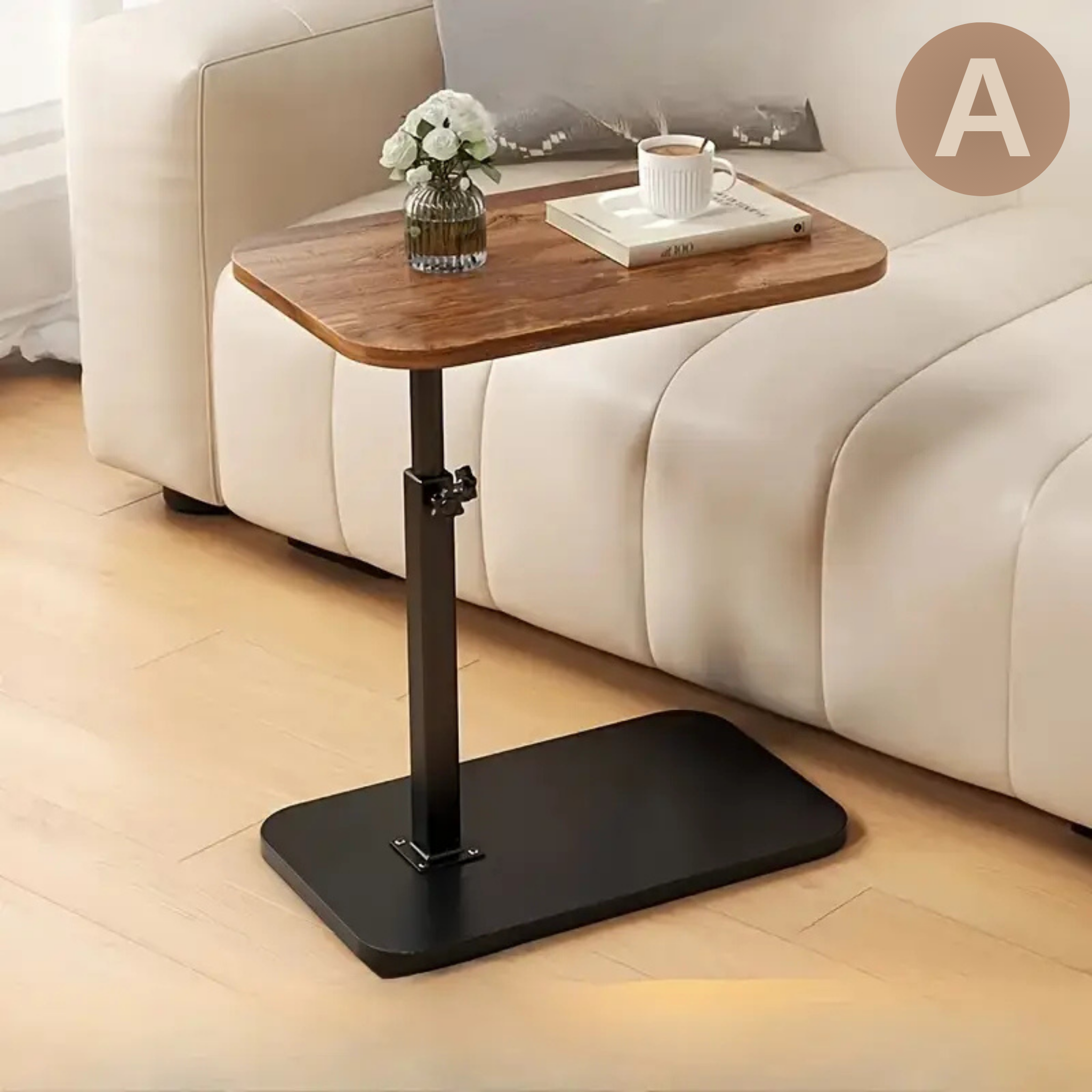 C Shaped Height Adjustable Rotating Wooden Coffee Side Table