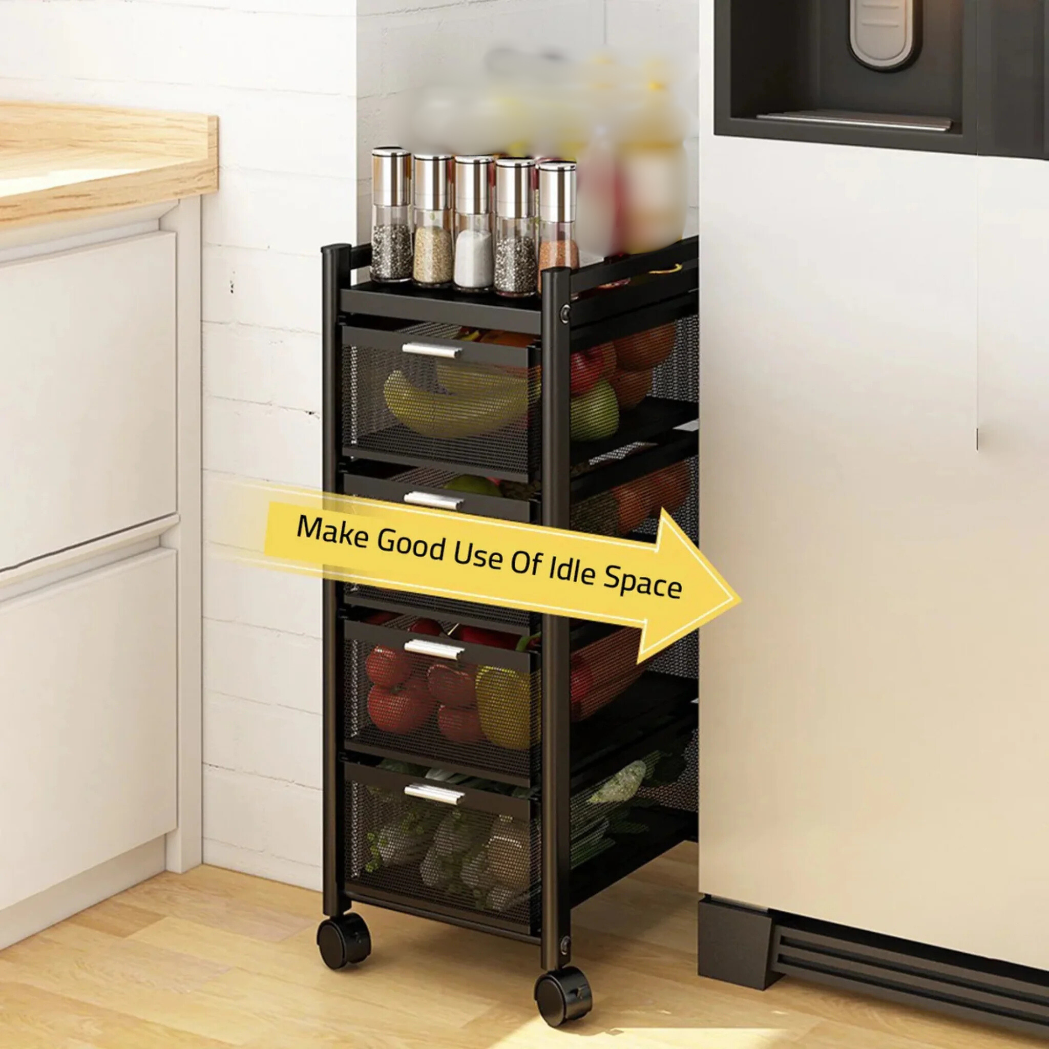 Multi-Layer Drawer Kitchen Trolley Rack, Movable Storage Cart, Pull-Out Organizer with Wheel