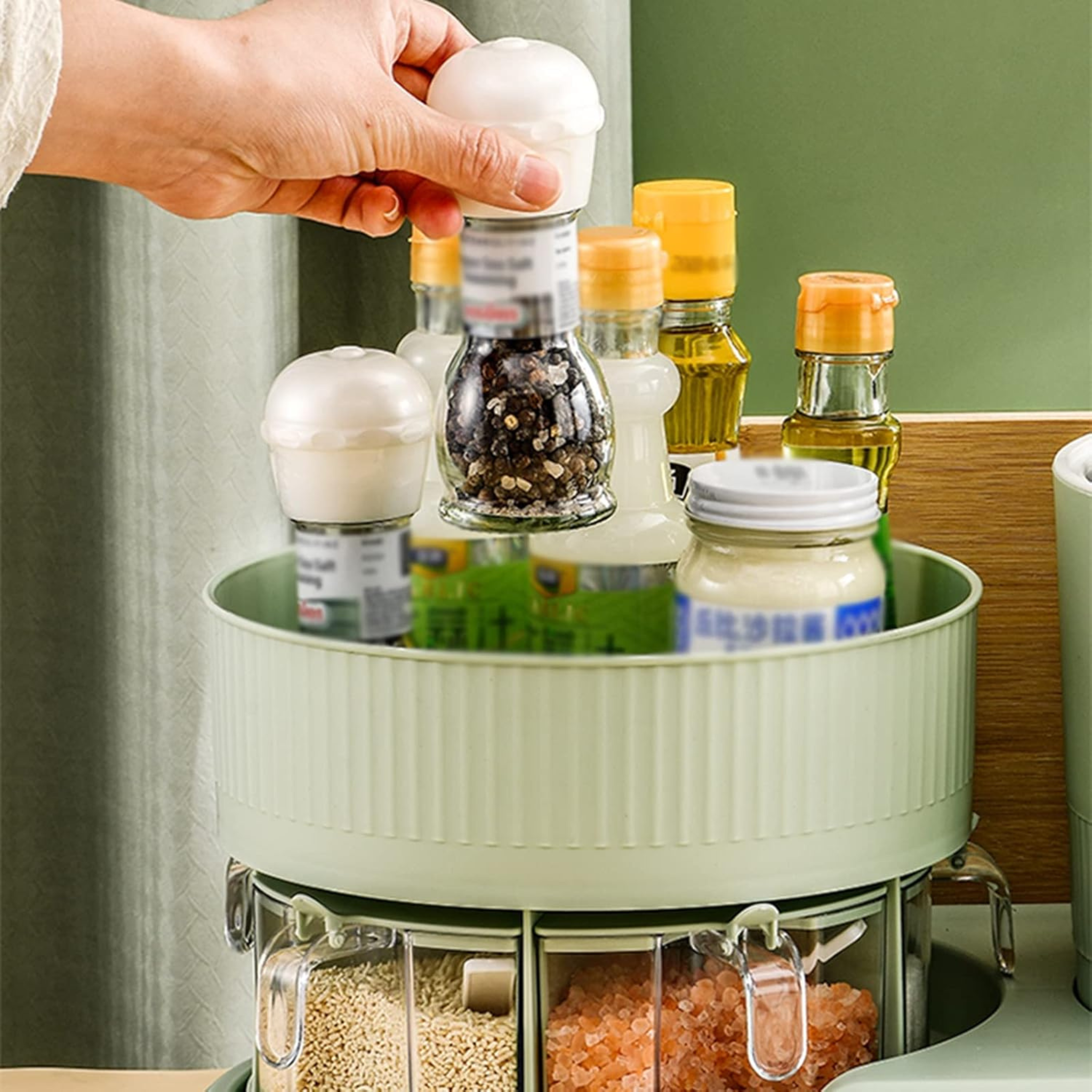 Kitchen Space Saving Rotating Spices Rack with Chopsticks & Knife Holder