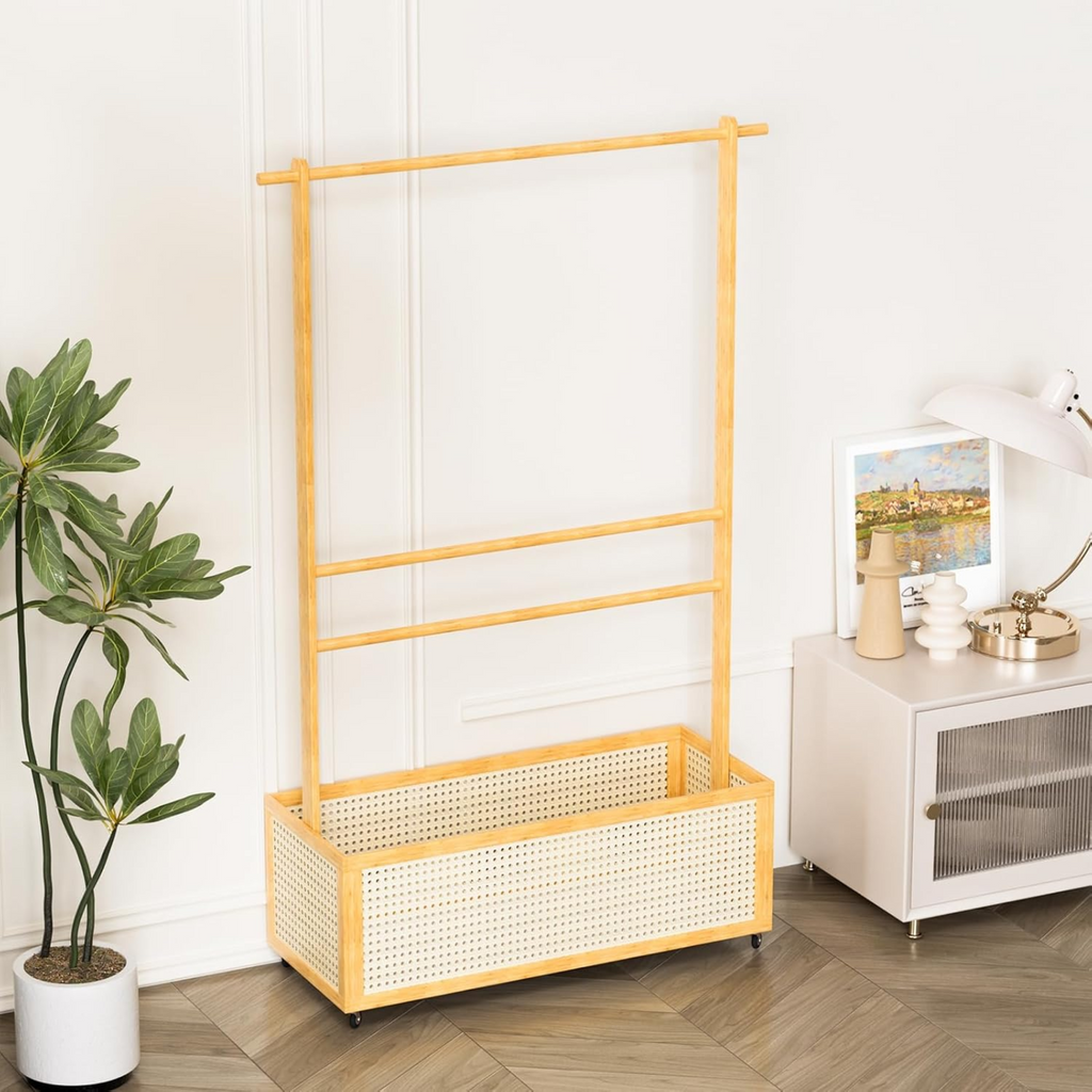 Bamboo Clothes Hanger with Bottom Laundry Basket and Wheels