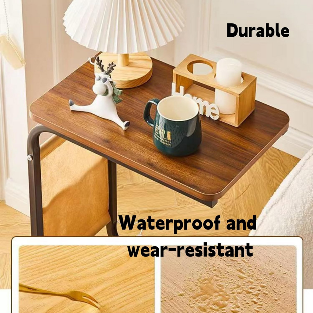C Shaped Bedside Coffee Table with Side Pocket & Wheels