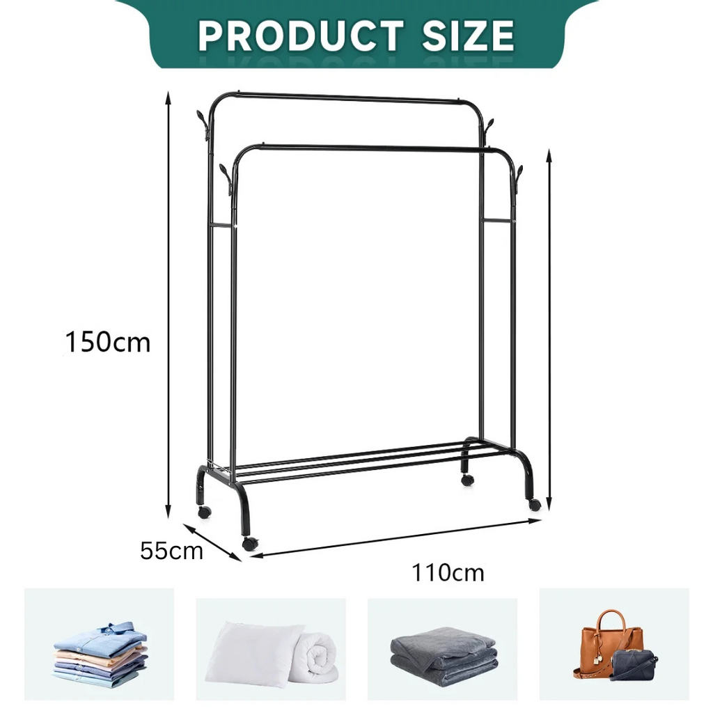 Garment Rack with Wheels - 35Kg Load Capacity Double Rode Hanging Clothes Drying Stand