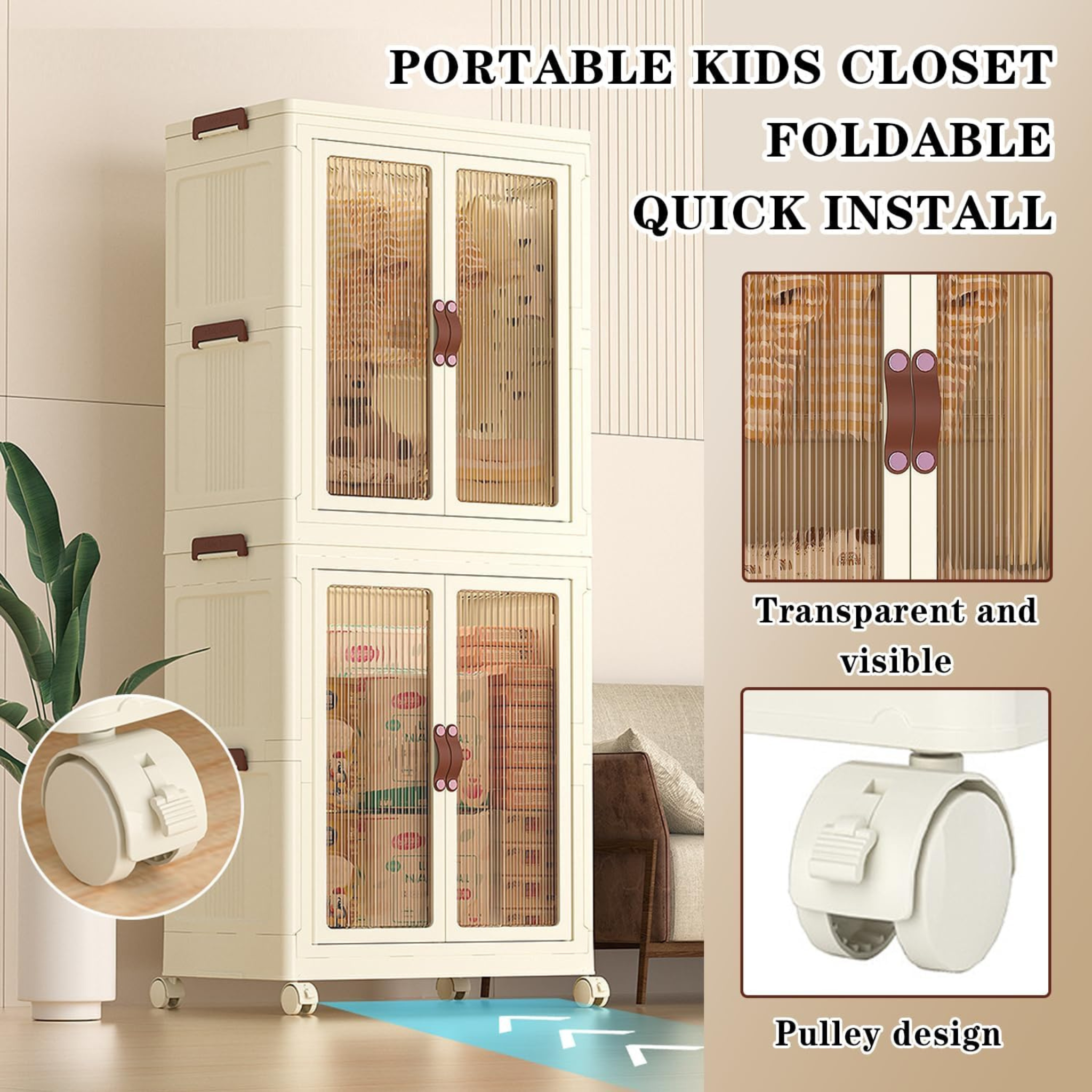 Portable Stackable Wardrobe with Wheels for Kids, Folding Cabinet for Baby Clothes and Toys