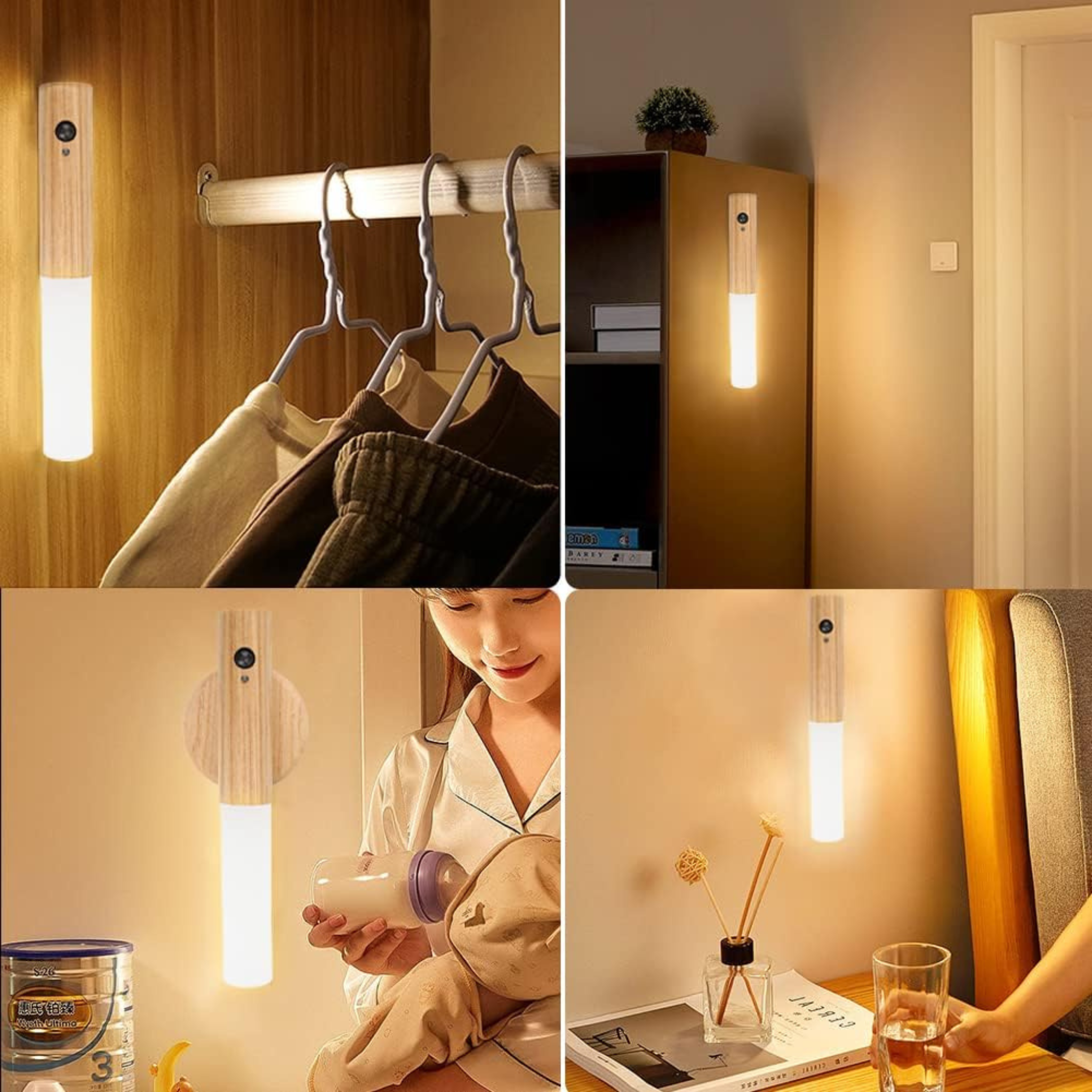 Wall Mounted Rechargeable Motion Sensor Night Lamp, Magnetic Induction Wooden Design Light