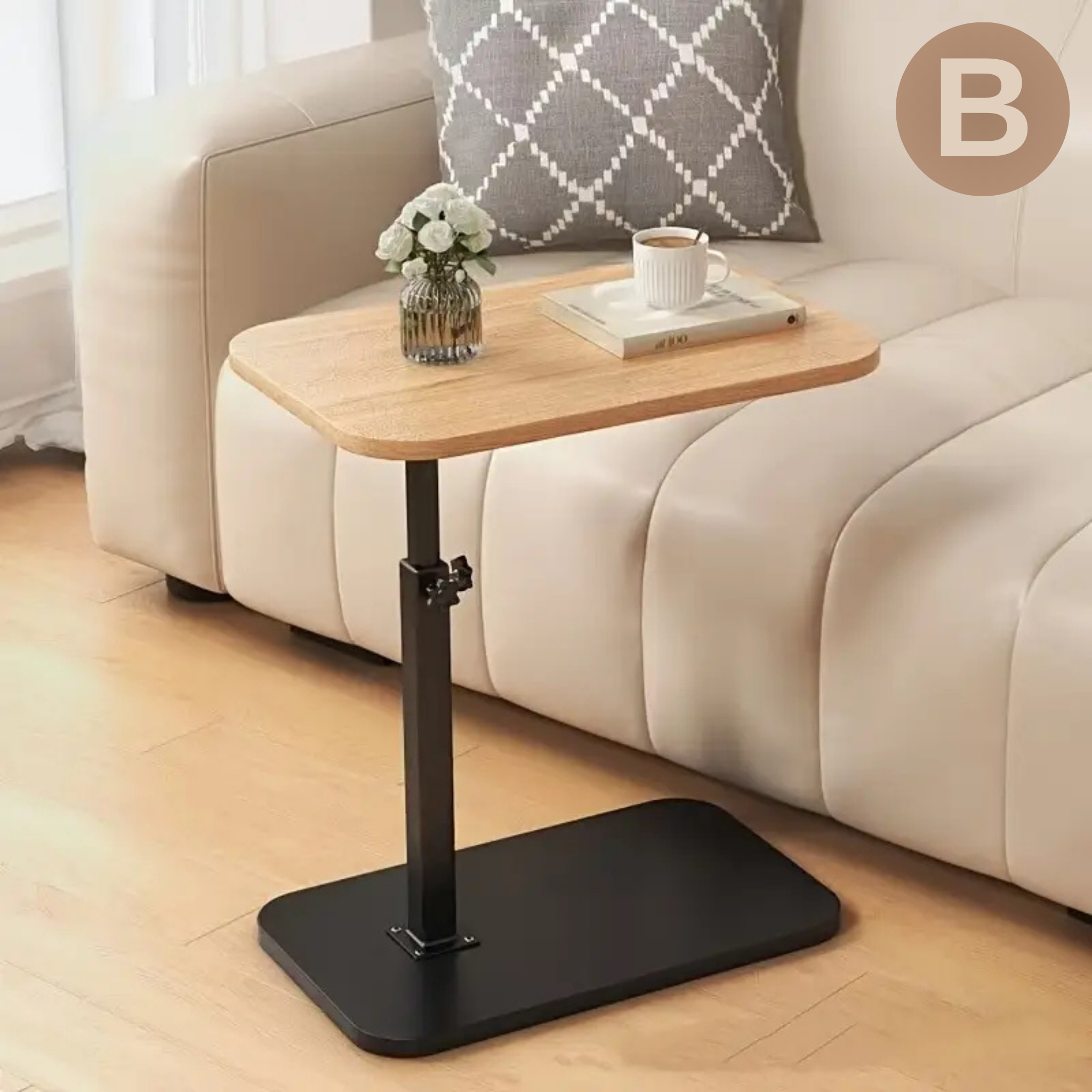 C Shaped Height Adjustable Rotating Wooden Coffee Side Table