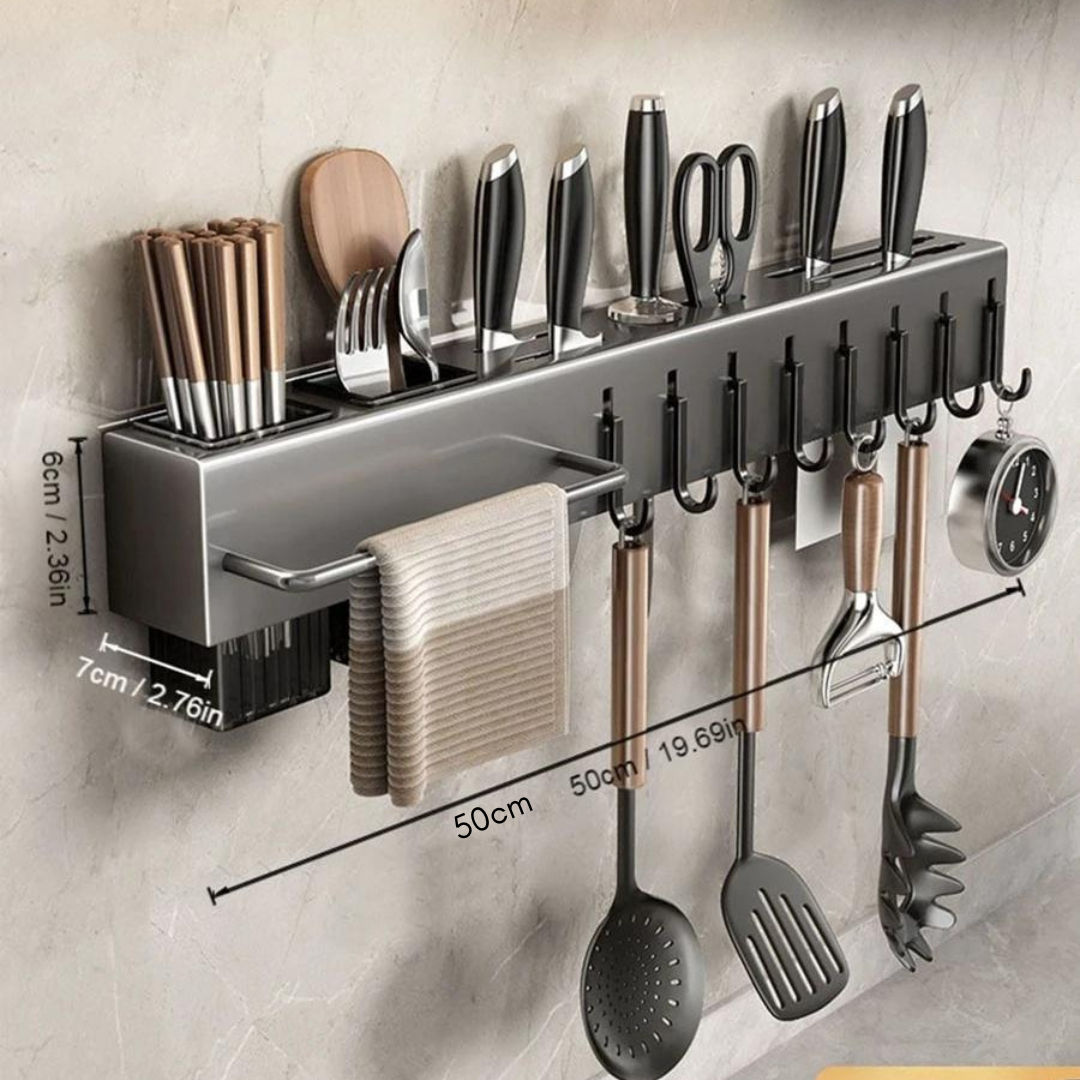 Metal Knife Chopsticks Storage Holder, Spoon Fork Spatula Organizer with Hooks And Towel Rack
