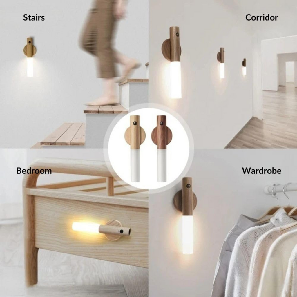 Wall Mounted Rechargeable Motion Sensor Night Lamp, Magnetic Induction Wooden Design Light