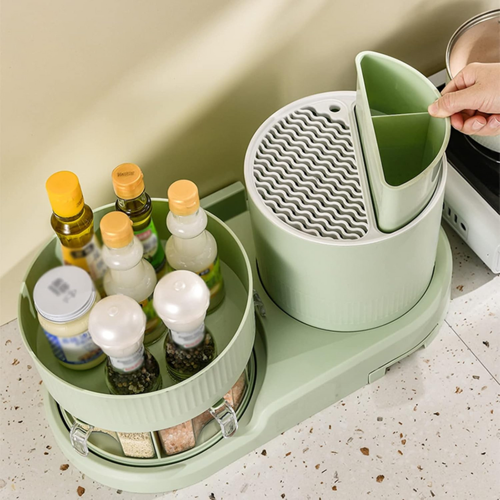Kitchen Space Saving Rotating Spices Rack with Chopsticks & Knife Holder