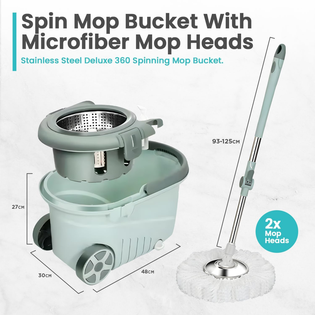 Spin Floor Mop Bucket Set with Wringer, Hands-free Wring Mop with 2 Microfiber Heads