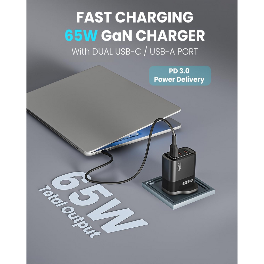 Moxedo Lite 65W Fast Charging GaN Charger with Dual USB C / 1 USB A Port & USB C Cable