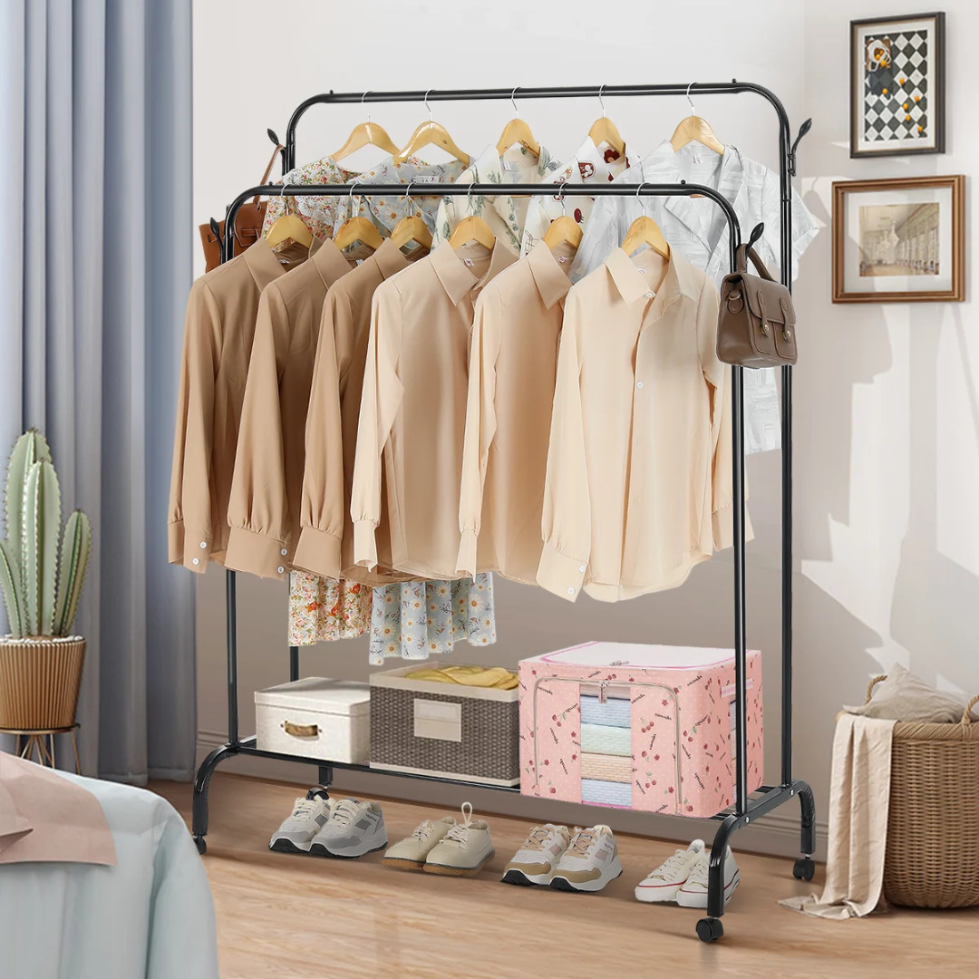 Garment Rack with Wheels - 35Kg Load Capacity Double Rode Hanging Clothes Drying Stand