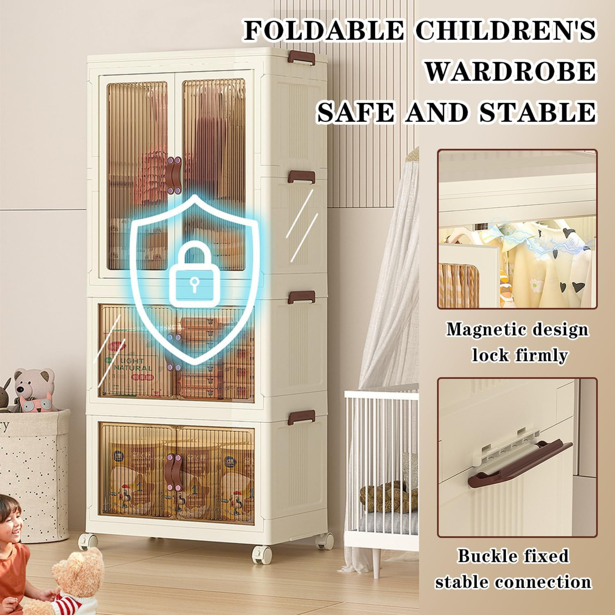Portable Stackable Wardrobe with Wheels for Kids, Folding Cabinet for Baby Clothes and Toys