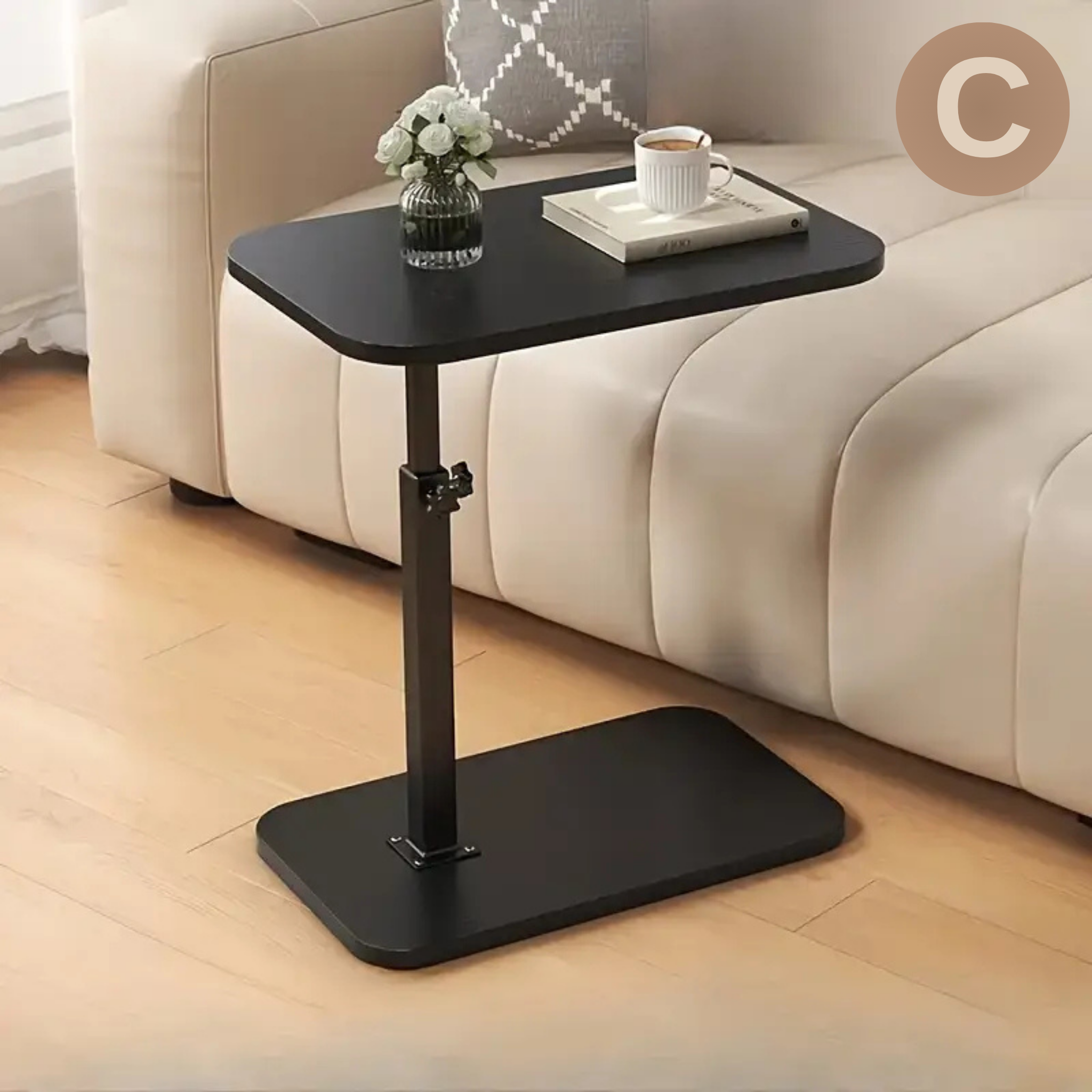 C Shaped Height Adjustable Rotating Wooden Coffee Side Table