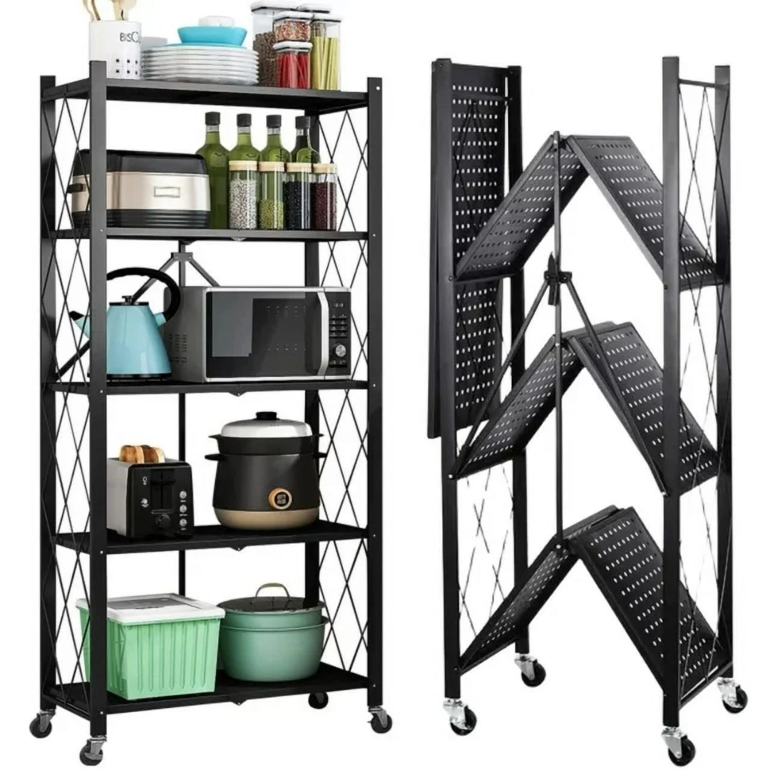 Multi Tier Heavy Duty Foldable Kitchen Storage Rack with Wheels