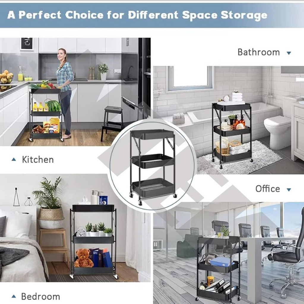 3 Tier Folding Kitchen Storage Trolley Organizer Rack with Locking Wheels