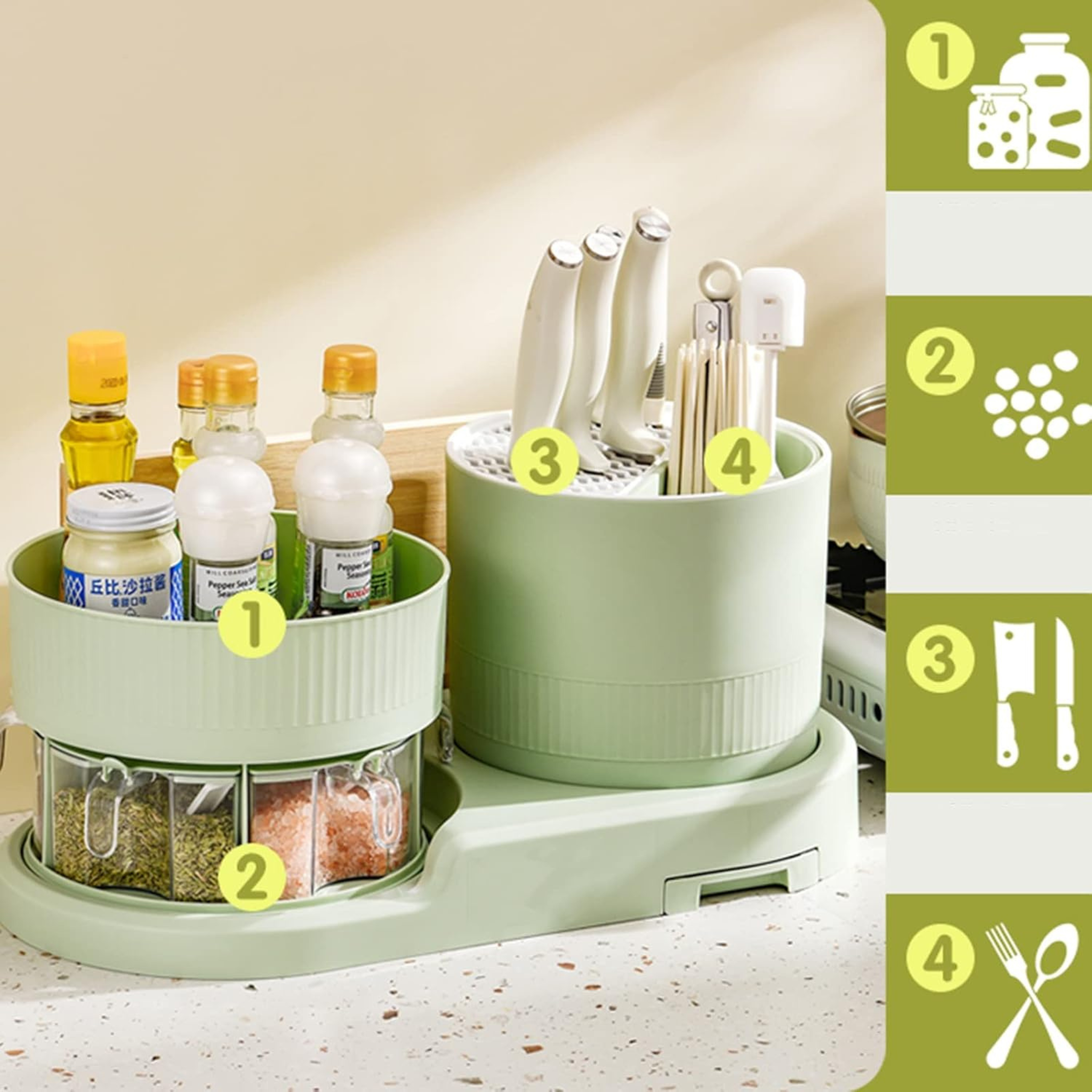 Kitchen Space Saving Rotating Spices Rack with Chopsticks & Knife Holder