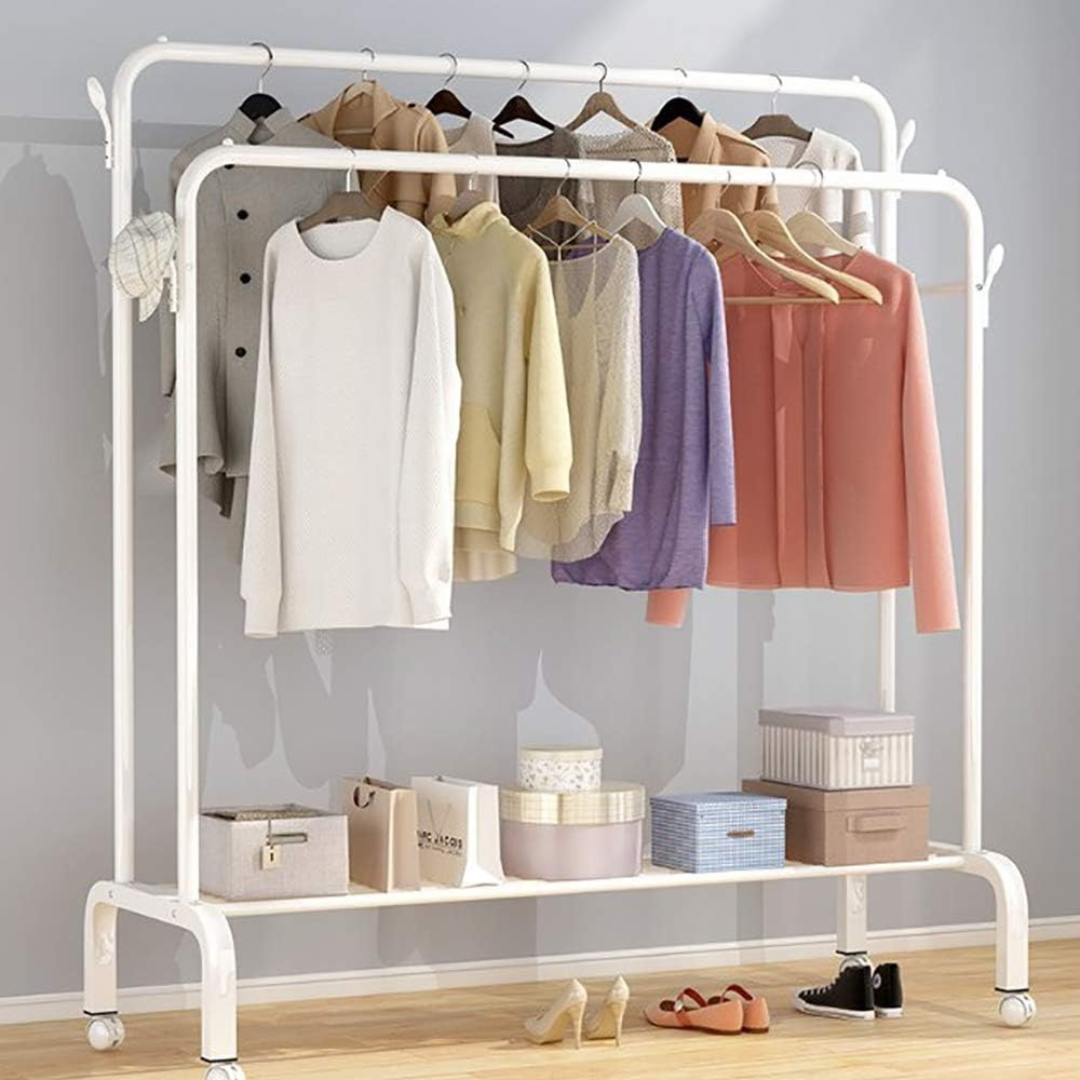 Garment Rack with Wheels - 35Kg Load Capacity Double Rode Hanging Clothes Drying Stand