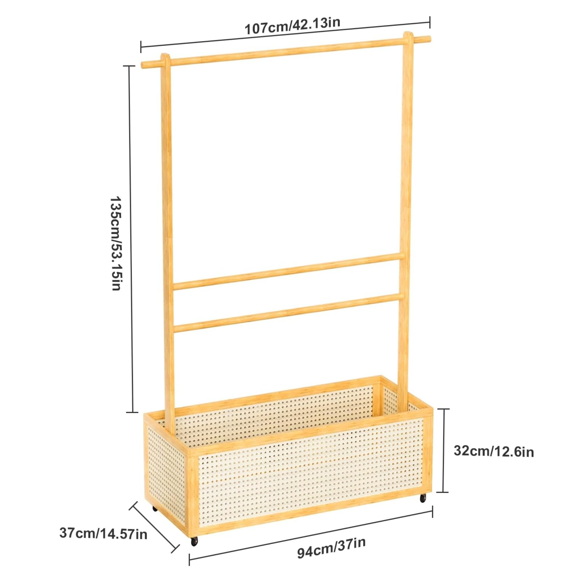 Bamboo Clothes Hanger with Bottom Laundry Basket and Wheels