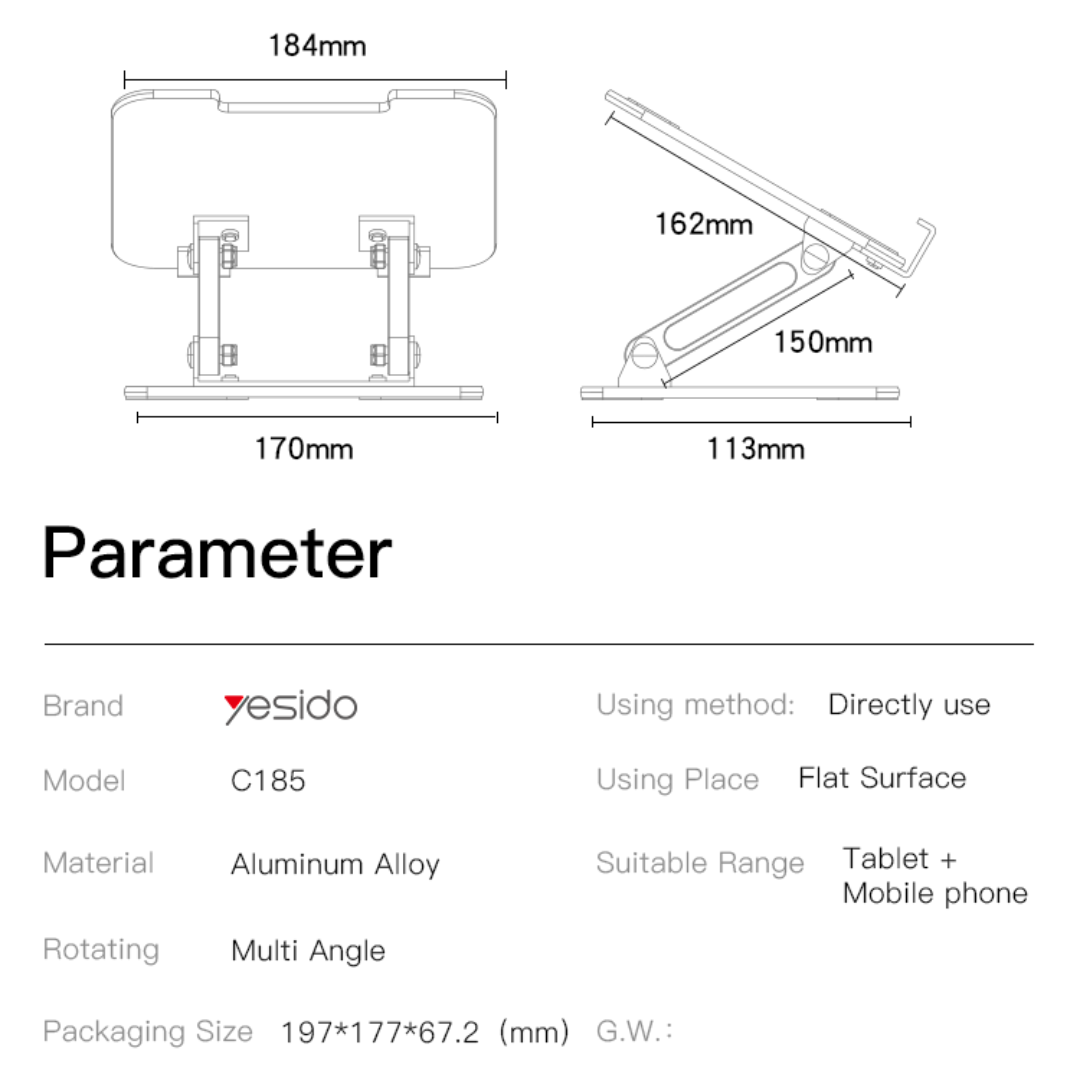 Adjustable Height Foldable Aluminium Alloy Tablet Holder Stand - Yesido C185
