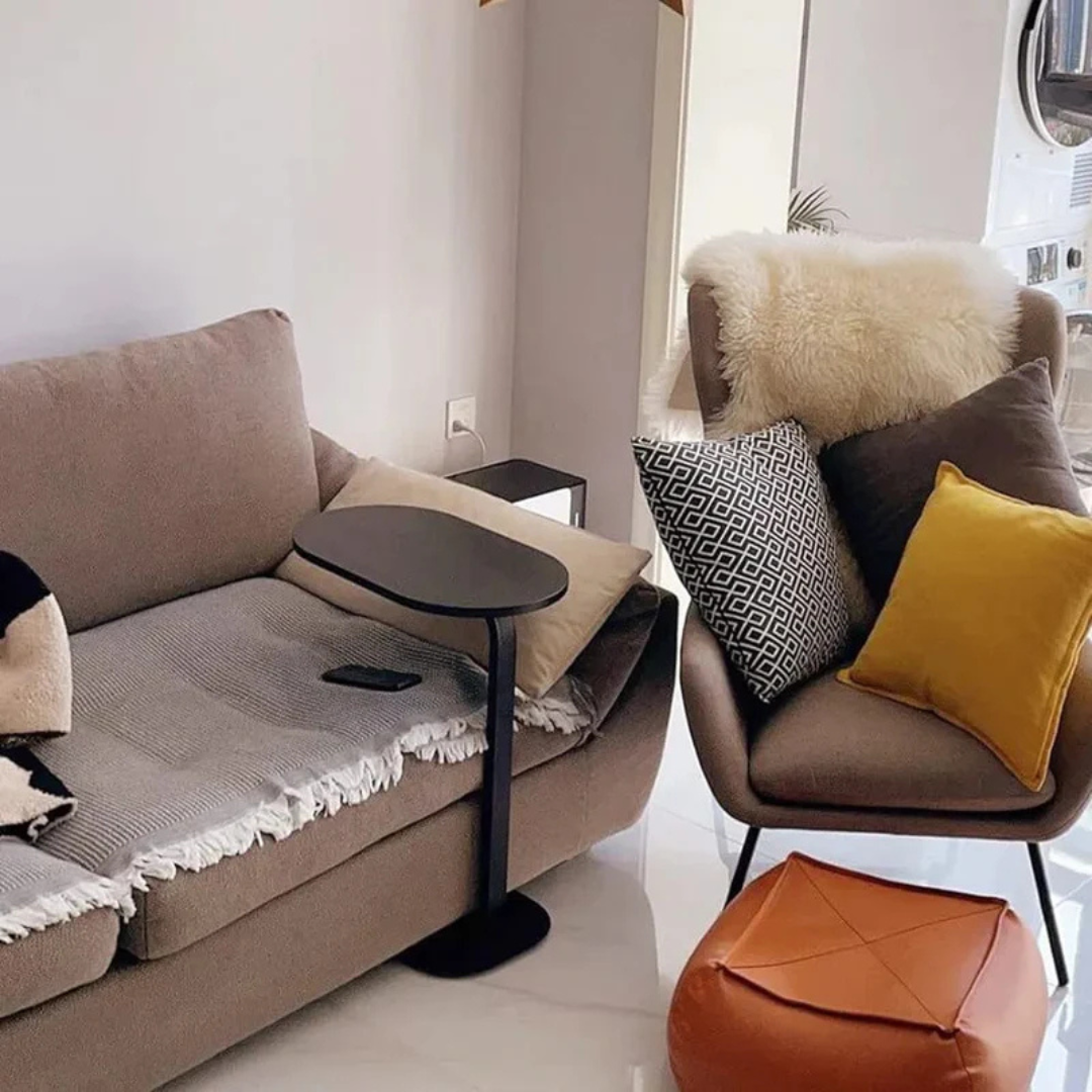 C Shaped Wooden Coffee Side Table for Living Room