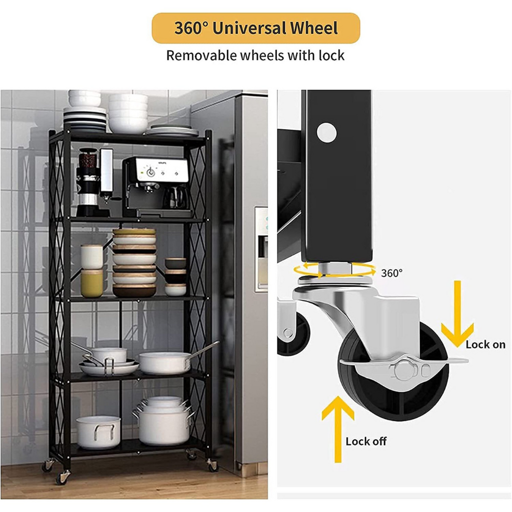 Multi Tier Heavy Duty Foldable Kitchen Storage Rack with Wheels