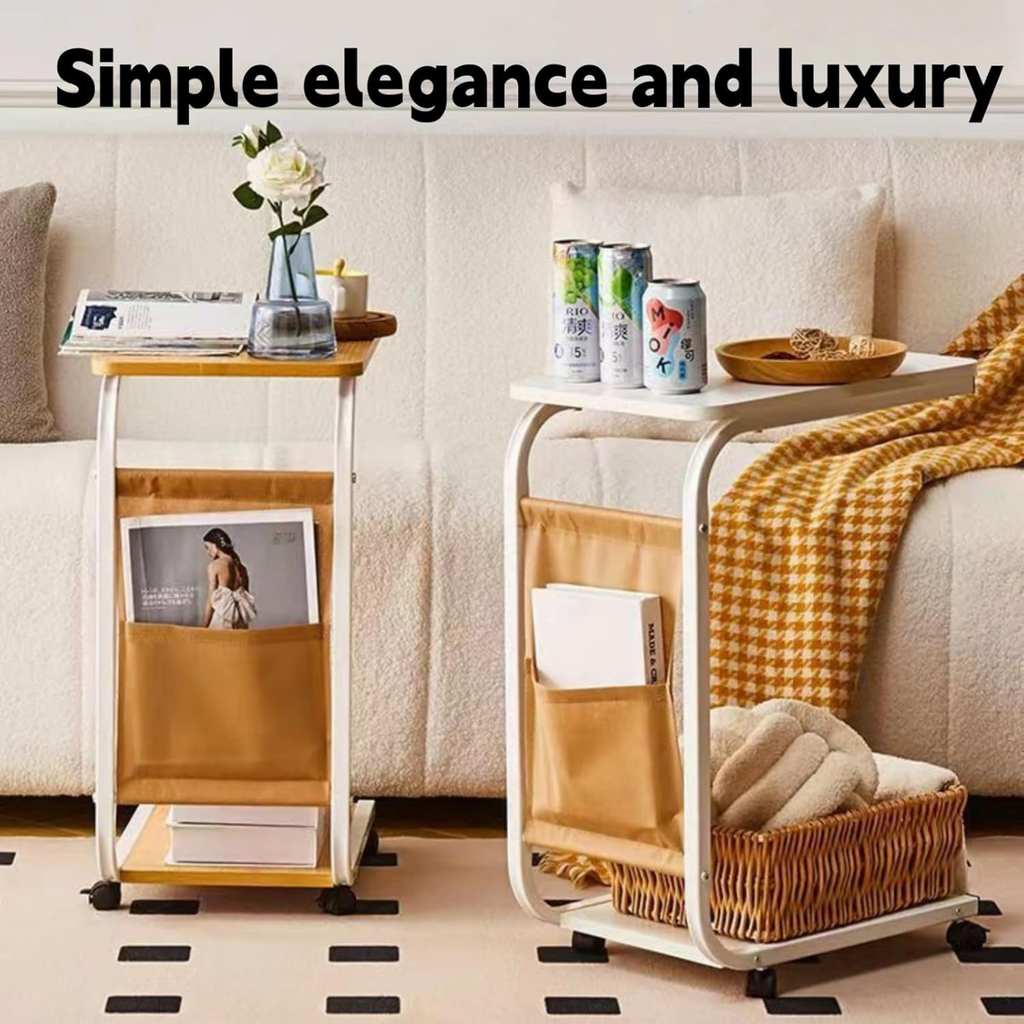 C Shaped Bedside Coffee Table with Side Pocket & Wheels