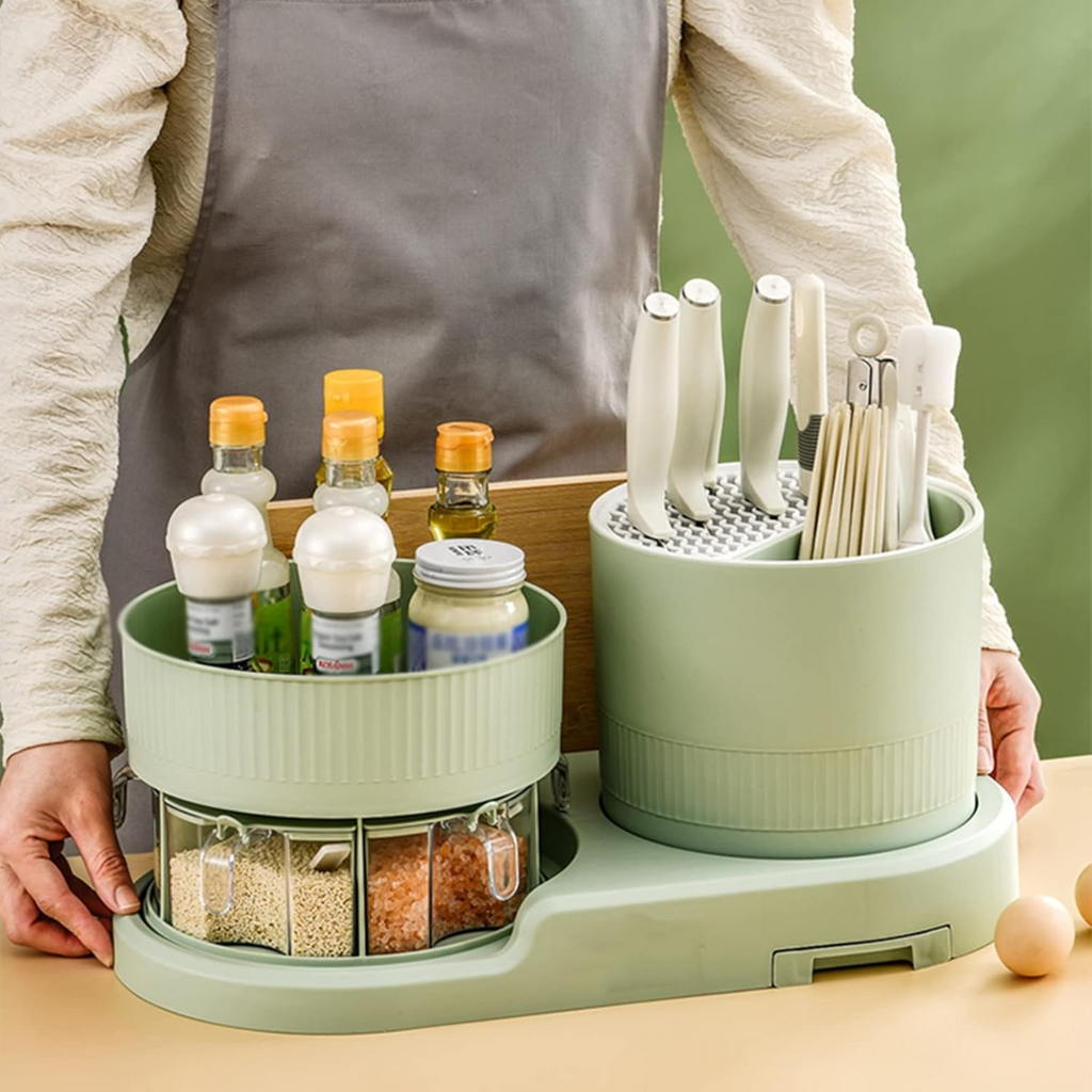 Kitchen Space Saving Rotating Spices Rack with Chopsticks & Knife Holder
