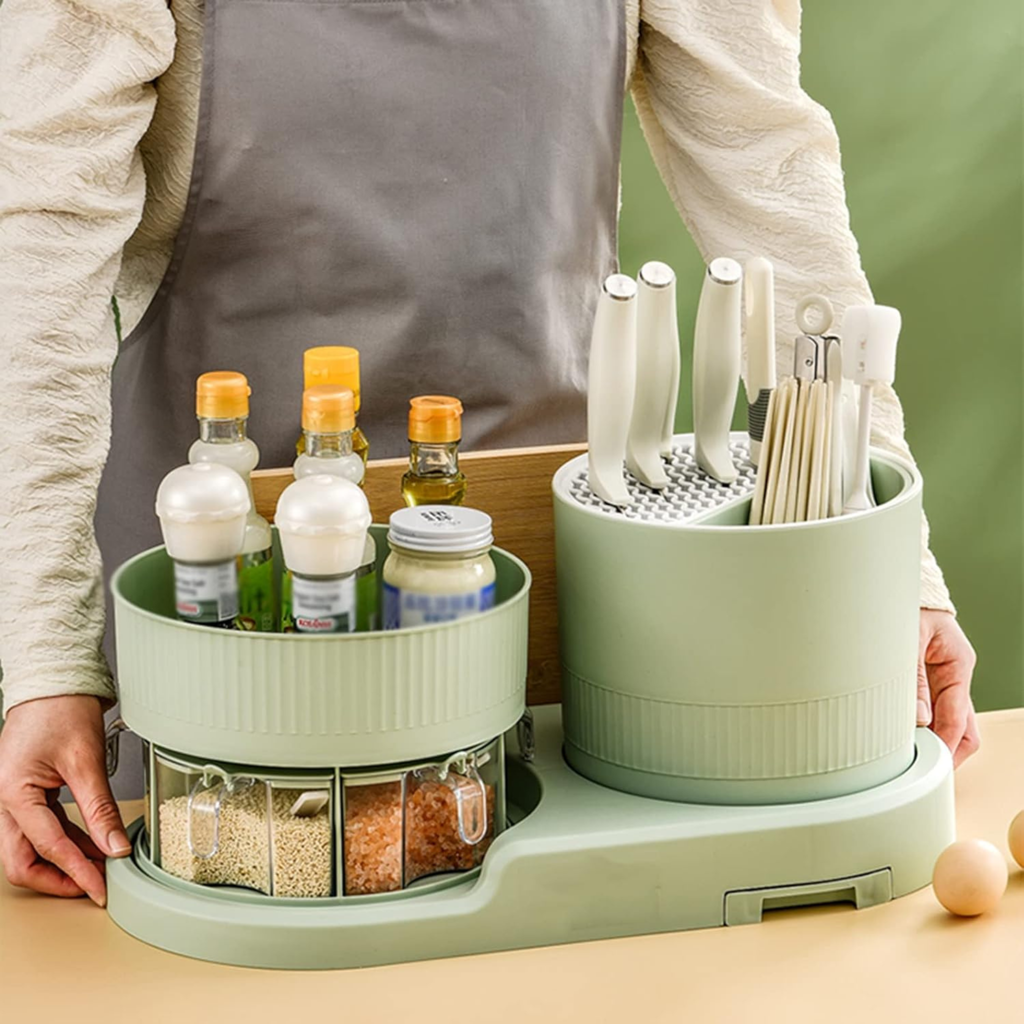 Kitchen Space Saving Rotating Spices Rack with Chopsticks & Knife Holder