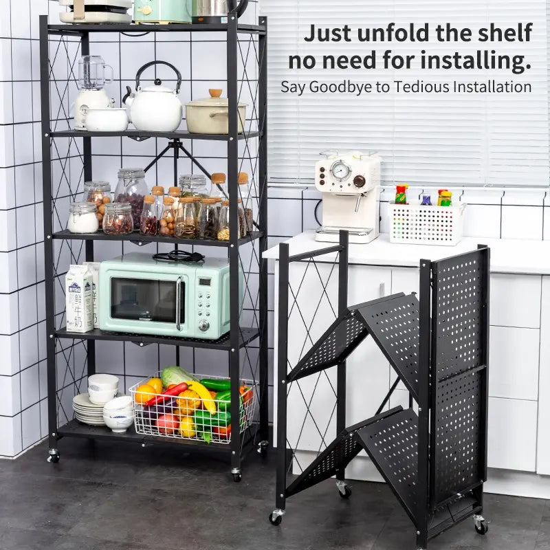 Multi Tier Heavy Duty Foldable Kitchen Storage Rack with Wheels