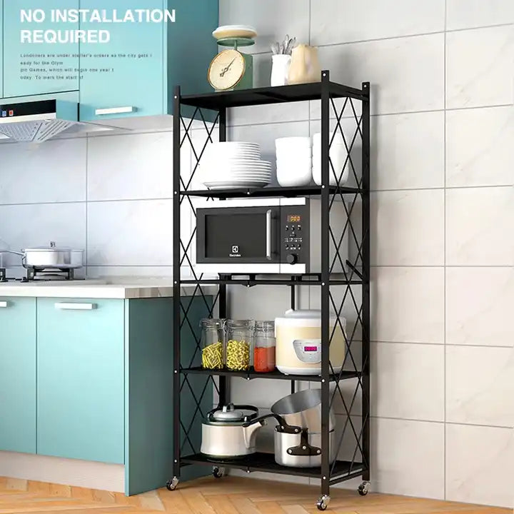 Multi Tier Heavy Duty Foldable Kitchen Storage Rack with Wheels