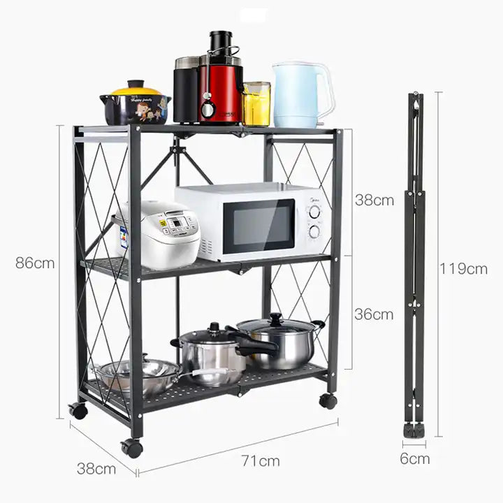 Multi Tier Heavy Duty Foldable Kitchen Storage Rack with Wheels